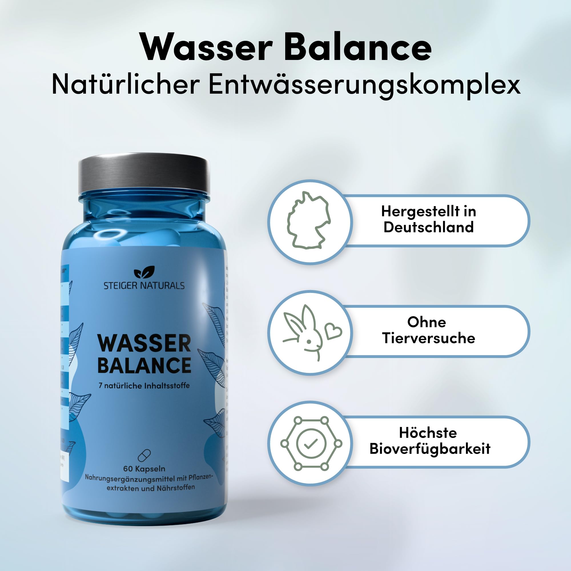 Steiger Naturals Wasser Balance – mit Brennnessel, Löwenzahn, Rosskastanie, Rutin, Magnesium & Vitamin B6 – 60 vegane Kapseln