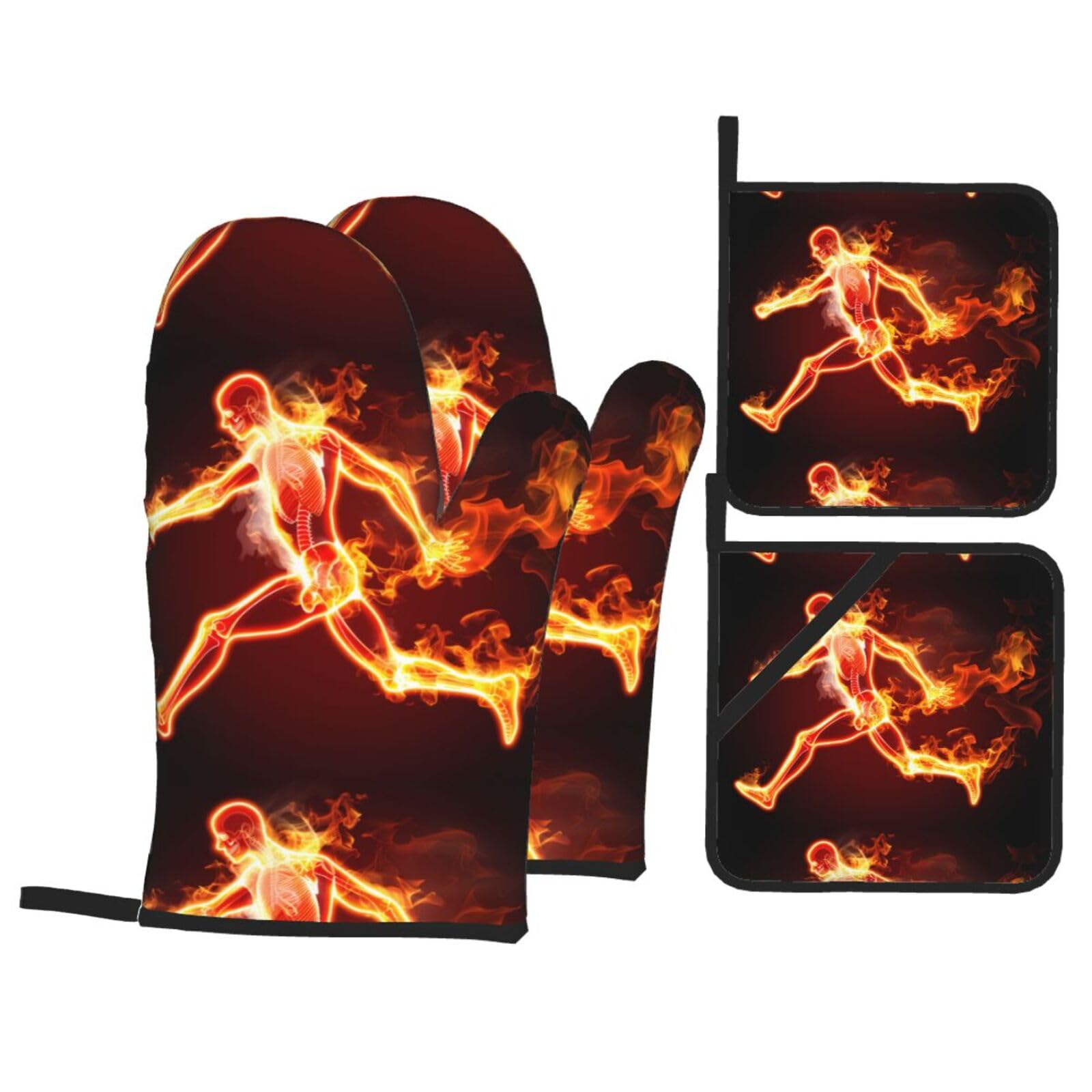 YYHWHJDE Running Skeleton Printed Kitchen Baking Set of 4 Thick Insulated Oven Mitt & Pot Holders, Anti-Scalding for Microwave, Oven, Outdoor BBQ