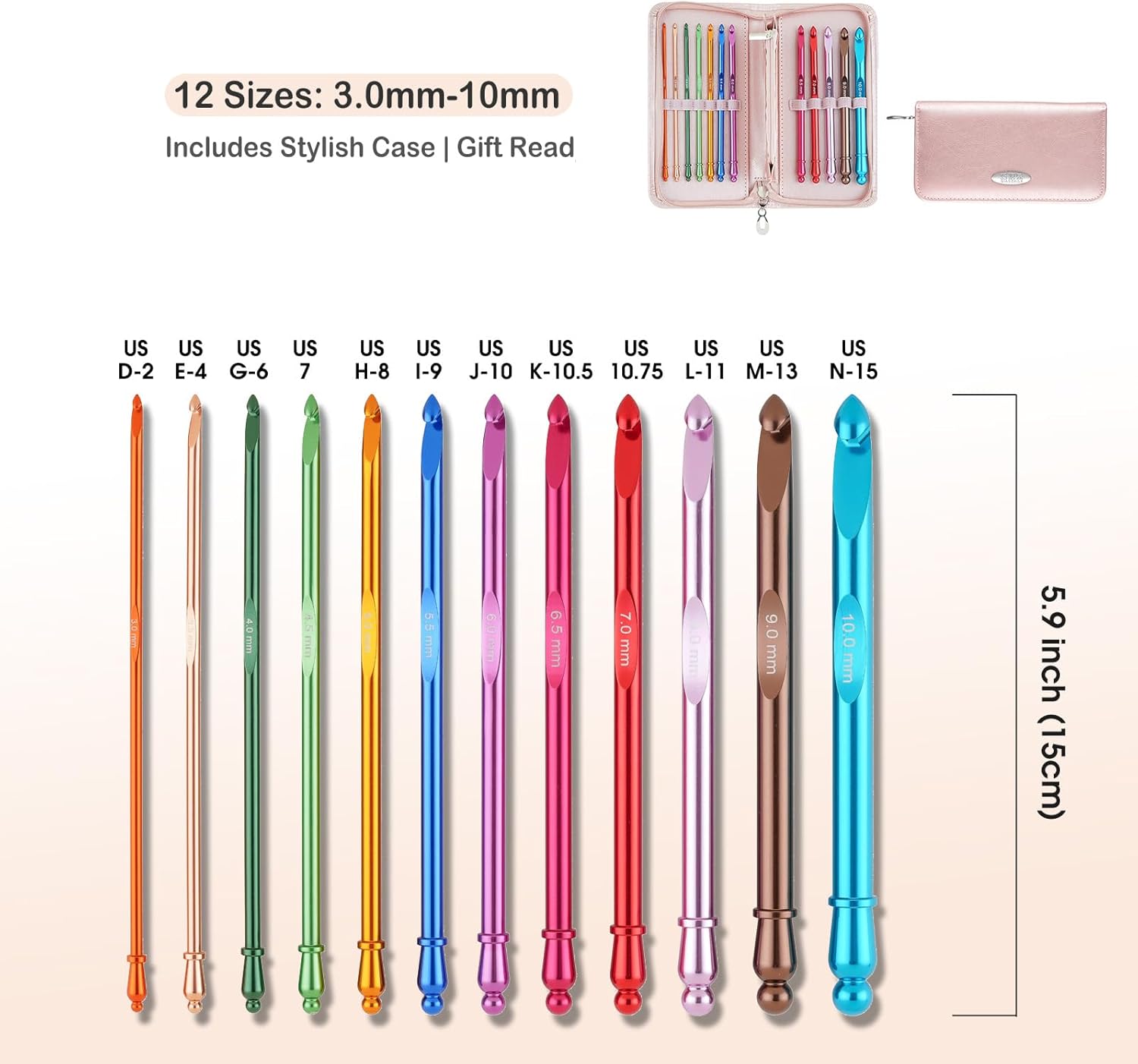 Guclud Inline Crochet Hook Set - 12PCS Ergonomic Extra Long Aluminum Hooks (3-10mm) with Grip Handles for Arthritic Hands, Complete Crochet Kit for Beginners with Storage Case