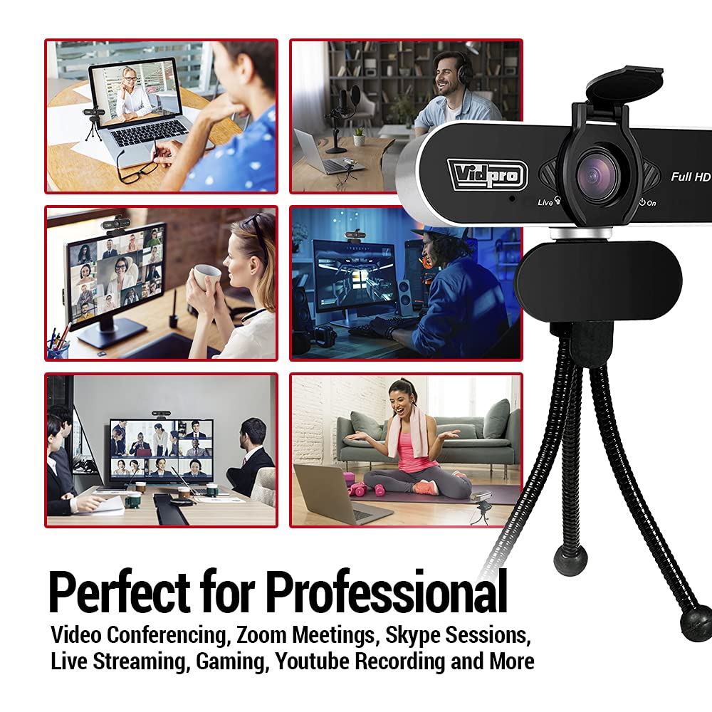 Vidpro cámara web en HD con micrófono y trípode 1080P Full HD USB para ordenador web Plug and Play para videoconferencias Zoom Reuniones Transmisión de videojuegos. Funciona con Windows Mac Android
