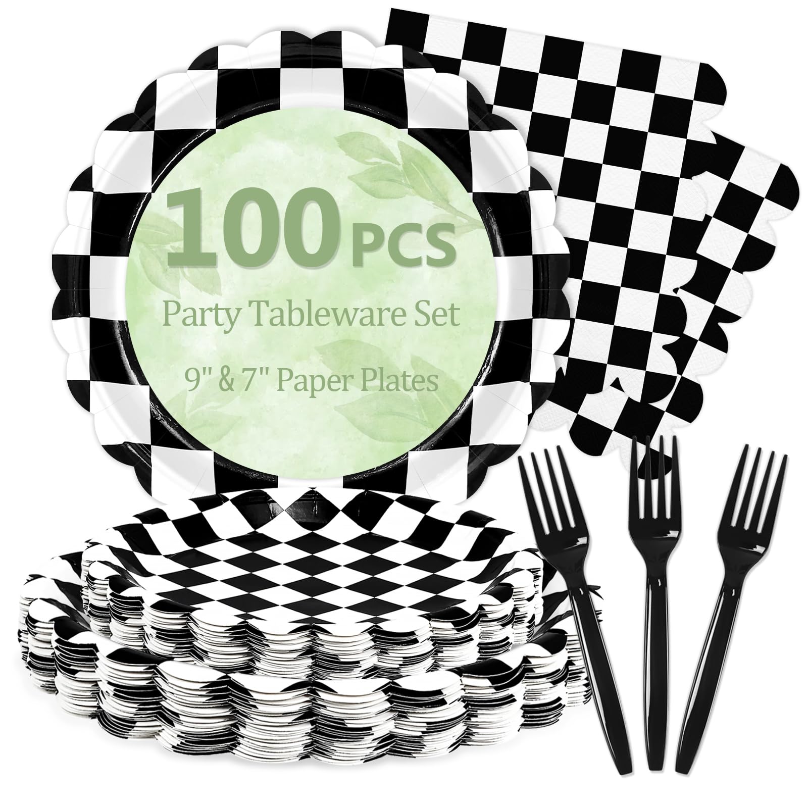 100 Pcs Black Checkered Paper Plates and Napkins Disposable Set for Party