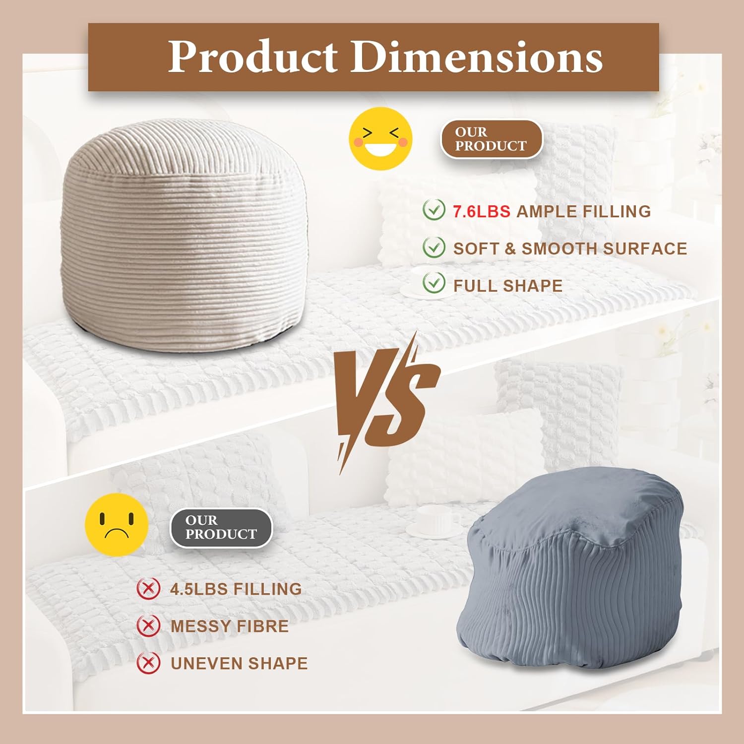 Round Stuffed Pouf Ottoman, Foot Stools Ottoman,Corduroy Poufs with Foam Chunk Filling, Furry and Fluffy Storage Ottomans, 20 X 15 Floor Poufs Foot Rest for Living Room