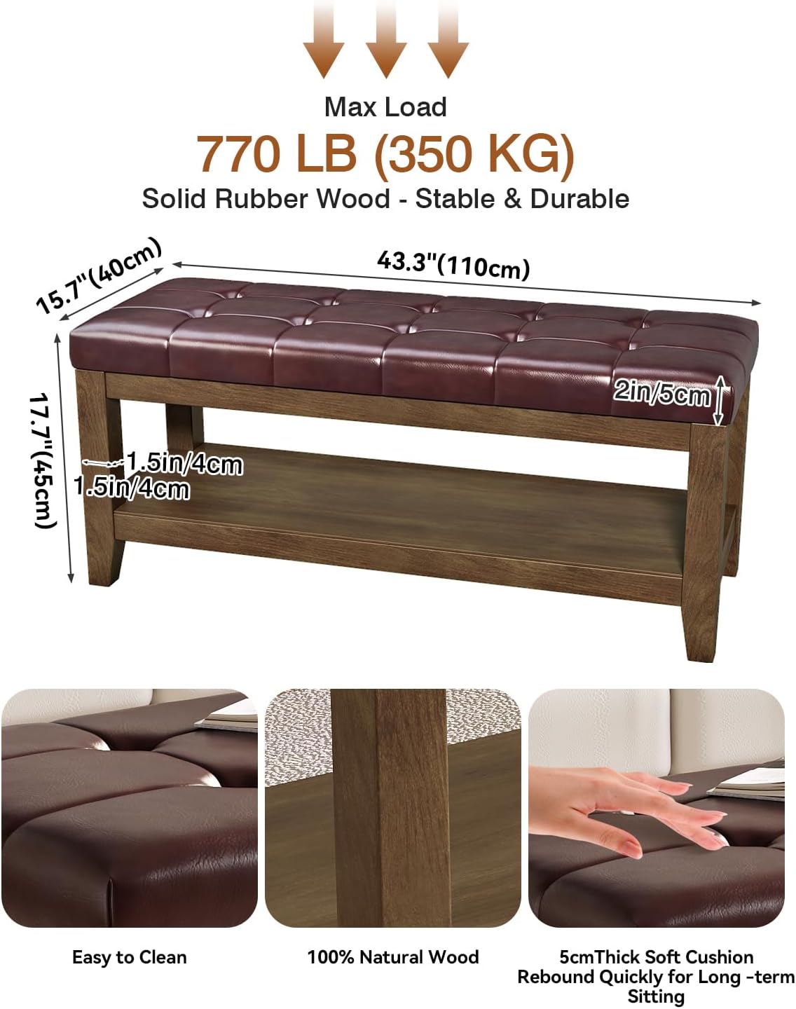 ABHENG Solid Rubber Wood Shoe Bench, Easy-Clean PU Upholstered Seat, 770LB Load, Space-Saving Storage for Entryway/Living Room?, Easy Assembly, Vintage Style?, 43.3"x15.7"x17.7", Brown, UASND65R 43.3“ Pu & Brown