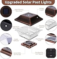 Vista 4 de SUNWIND Luces solares para postes al aire libre, 4 x 4 LED, iluminación solar de jardín, cubierta de cubierta, tapa de cerca, poste de madera, cobre