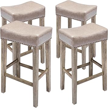 Bar Stools Set of 4 Saddle Seat 29 Counter Height Bar Stools PU Leather Counter Stools Nailhead Wood Pub-Height Saddle Bar Chairs Gray