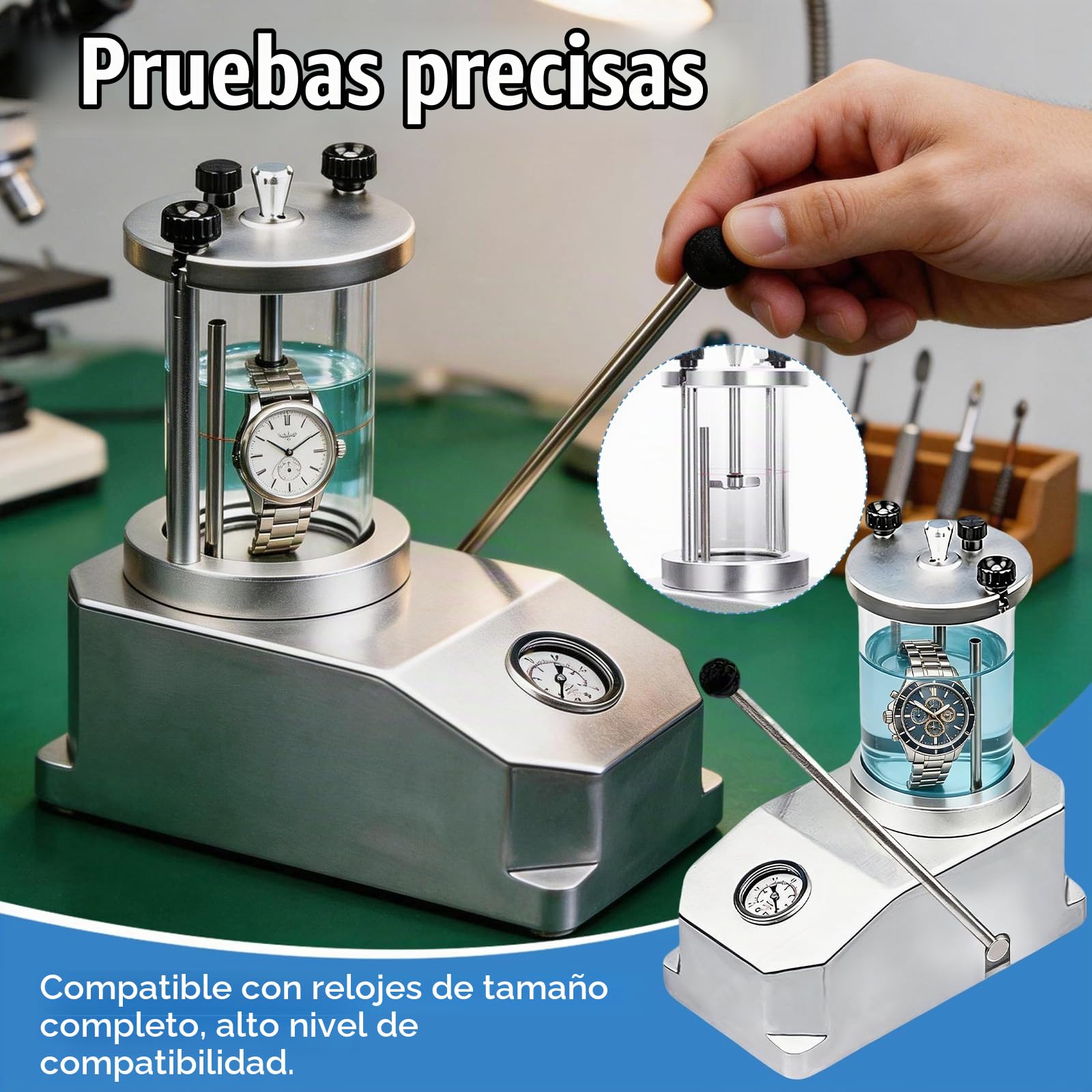 Probador De Resistencia Al Agua Para Relojes, Comprobador De PresióN SubacuáTico Para 2 Relojes Para Relojeros Y Reparadores Rango De Prueba PresióN Aire 0,3 A 0,6 Mpa Caja De Reloj Transparente