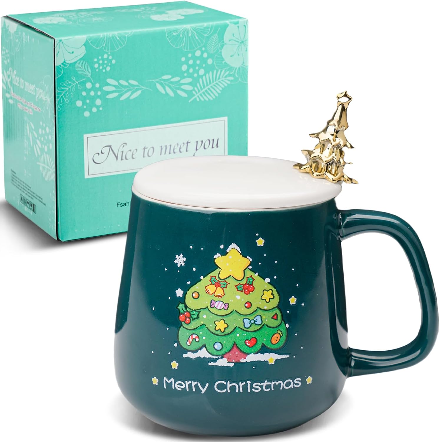 ZONSUSE Christmas Tree Mug Funny Christmas Coffee Cup Merry Christmas Cup Christmas Cup with Lid and Christmas Tree Shovel Christmas Gifts for Parents Children Friend 380 ml B-Green