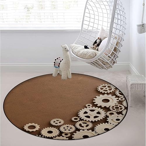 Miniatura 2 de Wooden Gears Non-Slip Round Chair Mat for Hardwood Floors & Low Pile Carpets, Industrial Mechanical Design Multi-Purpose Desk Chair Protector, Brown