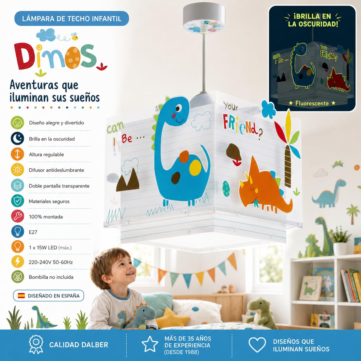 Dalber Lámpara Techo Colgante Infantil Dinosaurios 73452M E27 | Incluye difusor de luz inferior extraible; Habitación niños; lámparas infantiles. Dinos