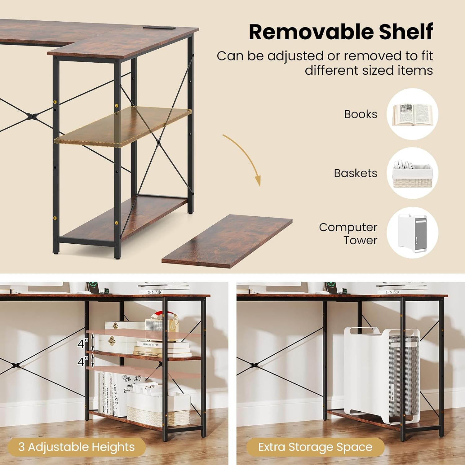 Tangkula L-Shaped Computer Desk with Power Outlets, USB & Type C Charging Port, Reversible Corner Desk with Adjustable Shelf, Heavy-Duty Metal Frame, Study Writing Table for Home Office