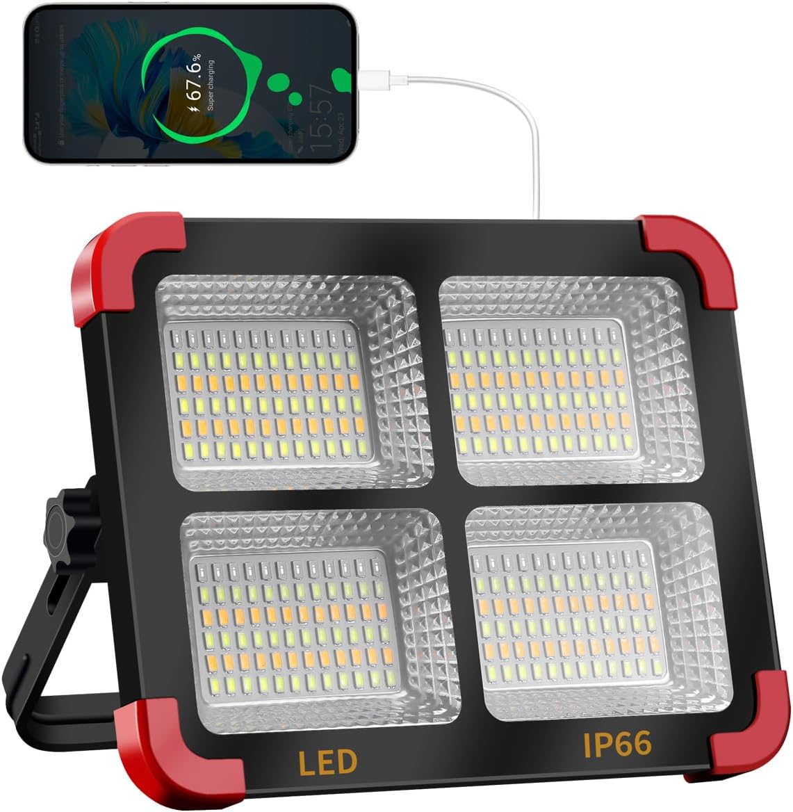 100W LED Solar Work Light, 288 LED 10000LM Portable Flood Light with Stand - 5 Modes Waterproof Rechargeable Outdoor Lamp for Job Site, Camping, Emergency, Car Repair, Hurricane