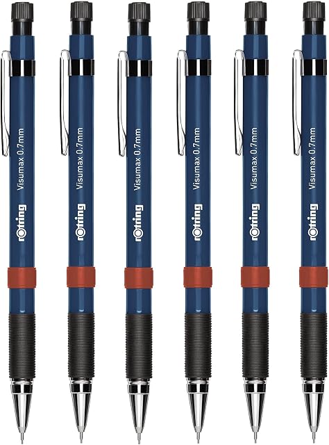 rOtring Visumax Mechanical Pencils - 0.7mm - Pack of 6 - Refillable - Twist Out Eraser - Rubber Grip - Dark Blue Barrels