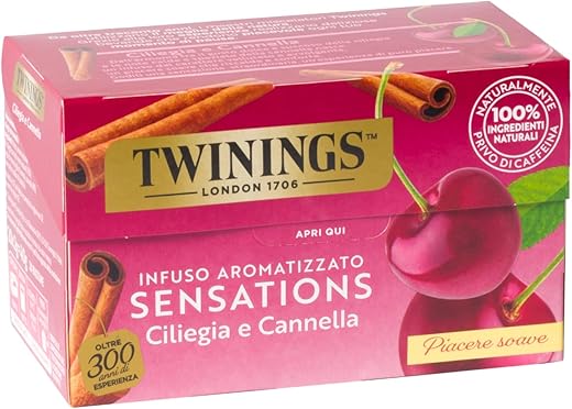 Twinings, Sensations Cherry & Cinnamon Flavoured Infusion, Velvety & Enveloping, Caffeine Free, Infusions and Herbal Teas, 6 Packs of 20 Filters (120 Total Filters)