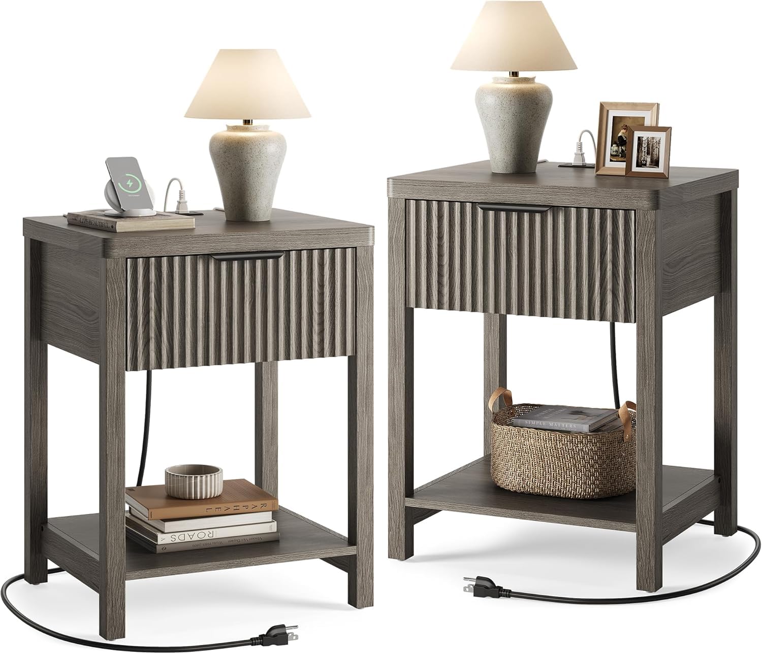 2 Pack fluted nightstands with charging station dark grey oak