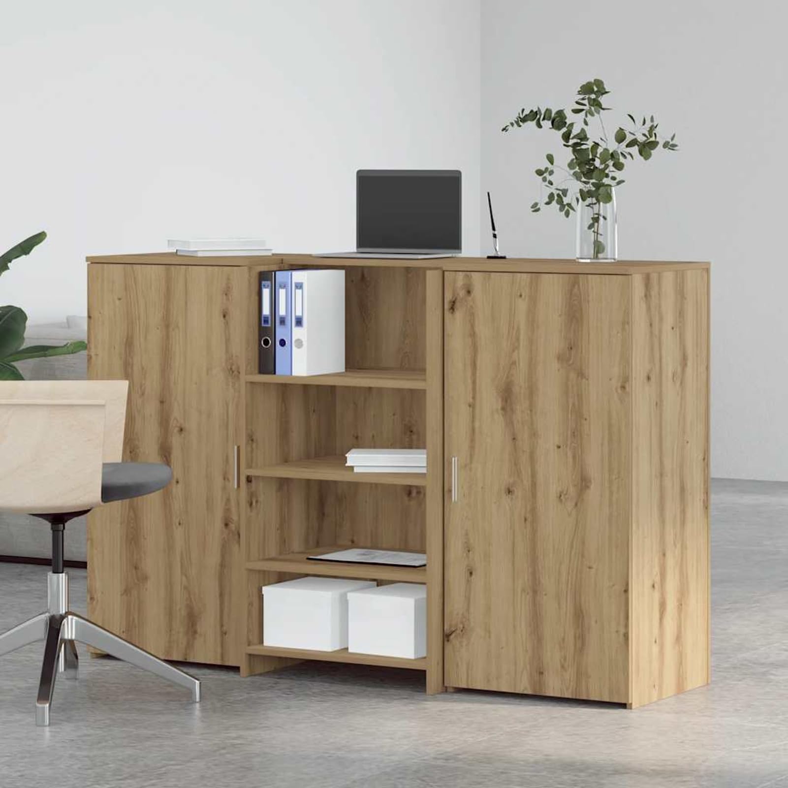 Homgoday Banco Reception con Armadietti 155x50x1035 cm Rovere Artigianale - Scrivania per Ufficio con Ampio Spazio di Archiviazione Truciolato Resistente Facile Montaggio