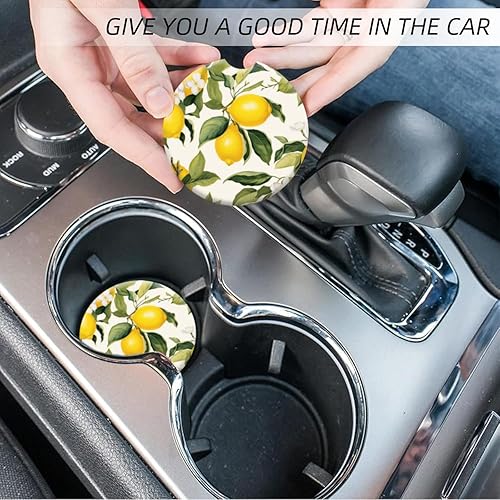 Miniatura 7 de Portavasos de automóvil para mujeres y hombres, paquete de 2 portavasos de cerámica con limones y flores blancas, elegantes accesorios interiores de