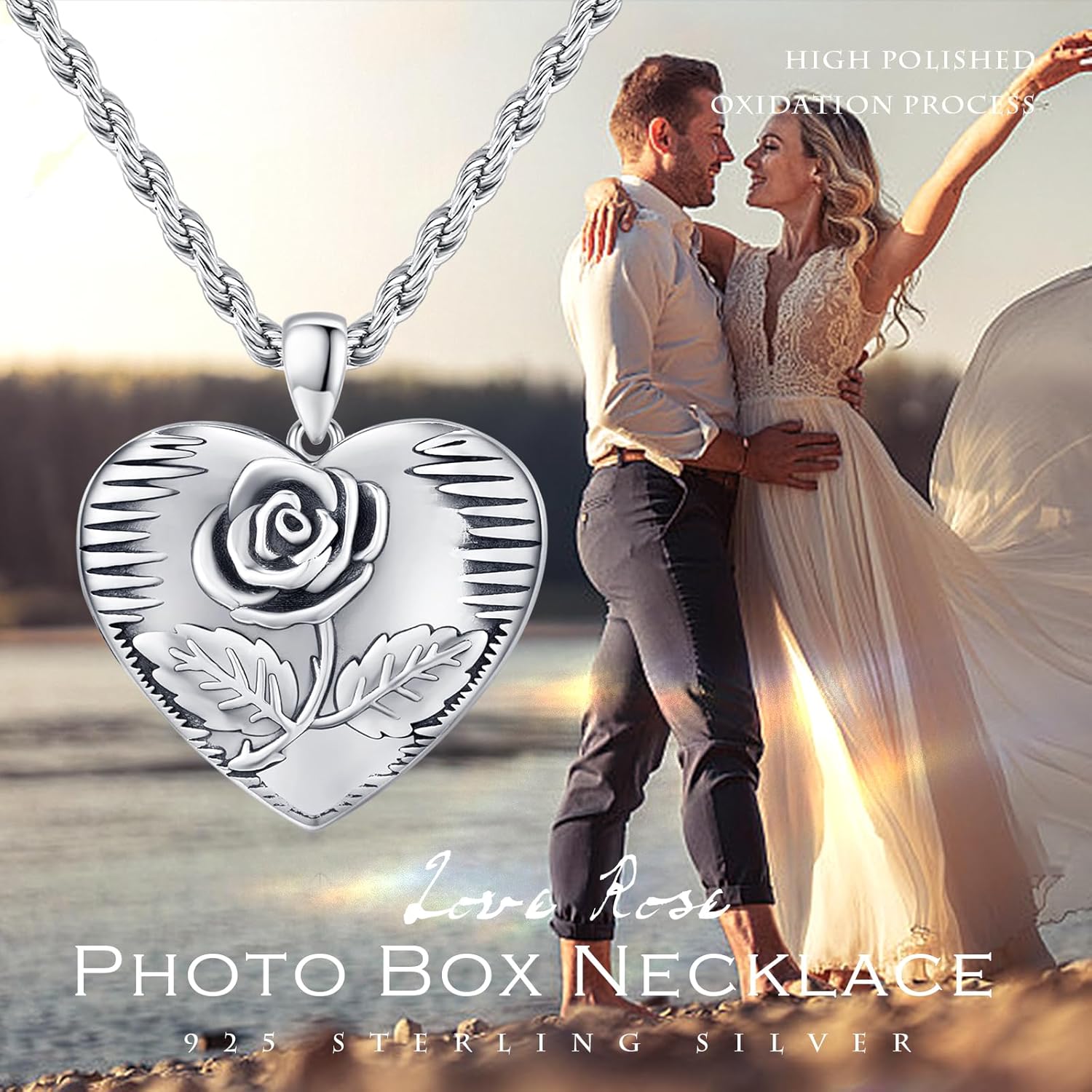 CUOKA MIRACLE Customized Heart Locket Necklace 925 Sterling Silver Rose Love Heart Jewelry Pendant That Holds Pictures Personalized Photo Locket Birthday Christmas Gift for Daughter Mom Grandma