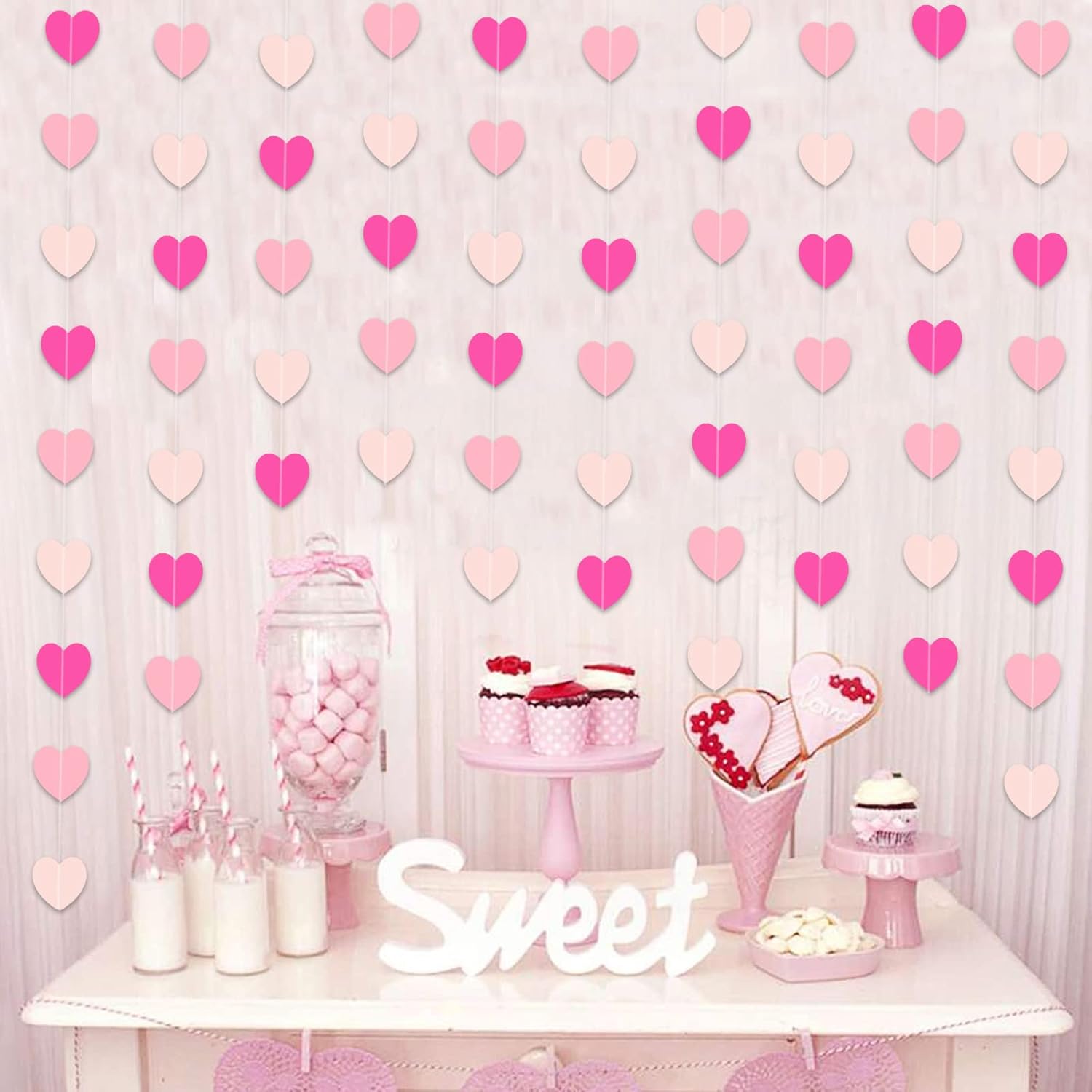 Zwiebeco 52Ft Pink Hearts Garland Bunting Banner Hanging Paper Streamer for Baby Shower Birthday Engagement Wedding Bridal Hen Bachelorette Party Kids Room Home Decorations - Image 6
