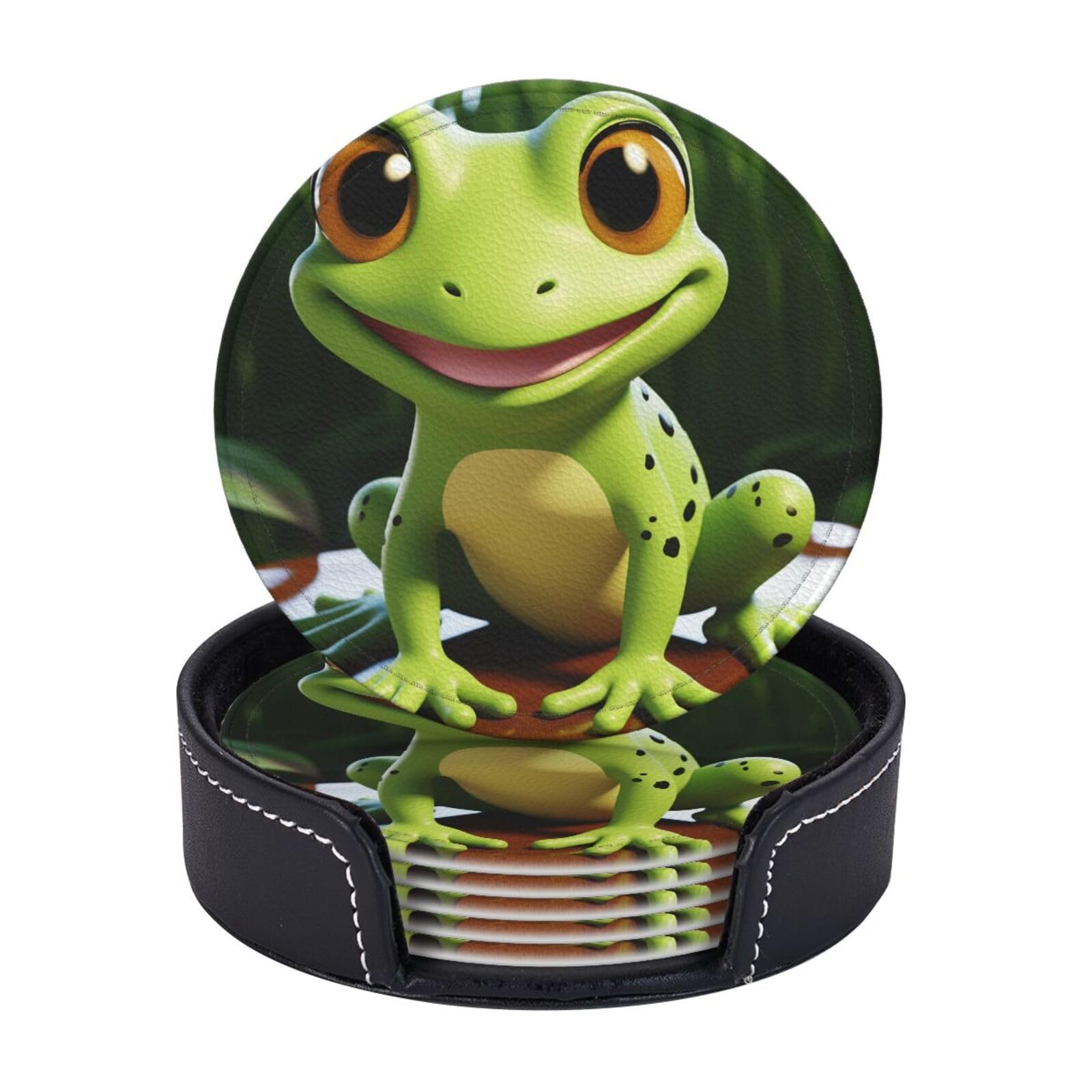 Round Coasters for Drinks Set of 6 - PU Leather Coasters with Holder - Modern Drink Coasters for Coffee Table - Cute Frog Coaster for Tabletop Protection 4" Cup Mat Pad