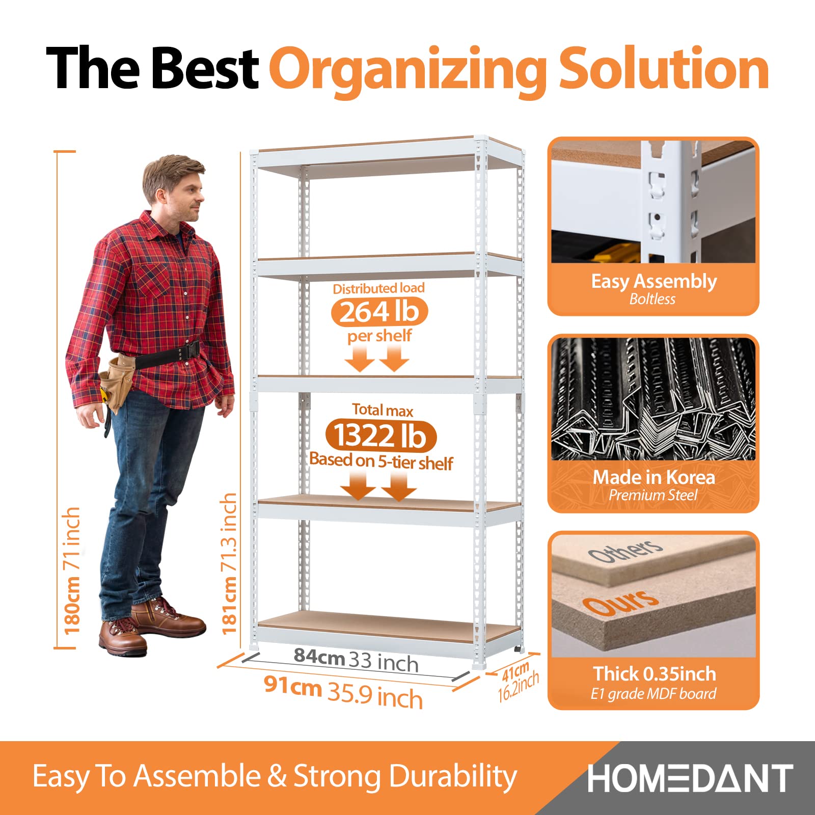 HOMEDANT 5-Tier White Metal Shelving Unit Adjustable Garage Storage Utility Rack Heavy Duty Shelves Organization Shelf Warehouse Basement shed Kitchen Closet Pantry 35.9" W x 16.2" D x 71.3" H 1 Pack
