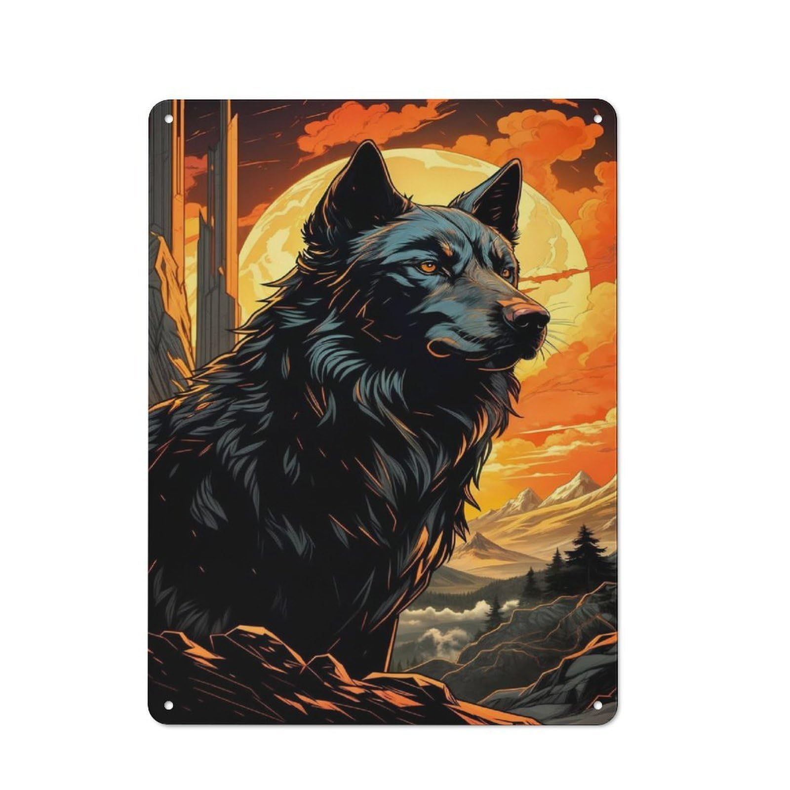 Junmoney Majestic Black Wolf Moon Retro Metal Plaque 40X30cm For Lounge Or Reading Corner, Winter Wall Decor For Reading Corner Decorators