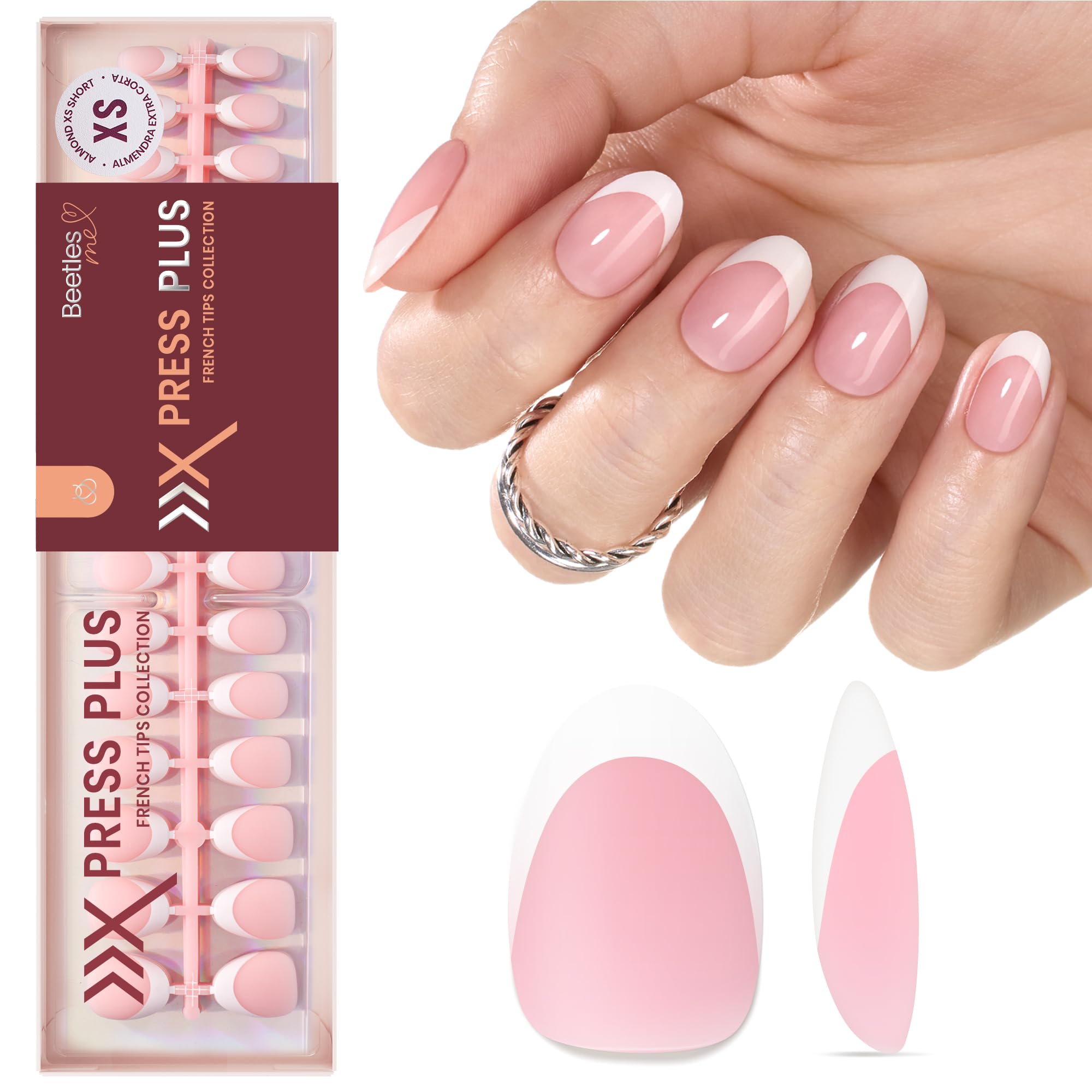 Beetles X Press Plus French Tip Nails | Petal French | Pink Ultra-Short Almond French Tip Press On Nails-210 Pcs 16 Sizes Natural Salon Quality Nail Tips