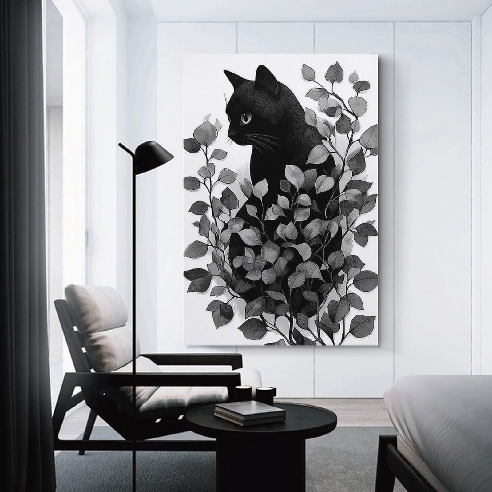 Junmoney Unframe-Style-23 Canvas Wall Picture Black Cat Among Leaves, 12X18inch(30X45cm), For Study, Office Or Focused Interiors, Wall Art That Adds Style To Work Areas