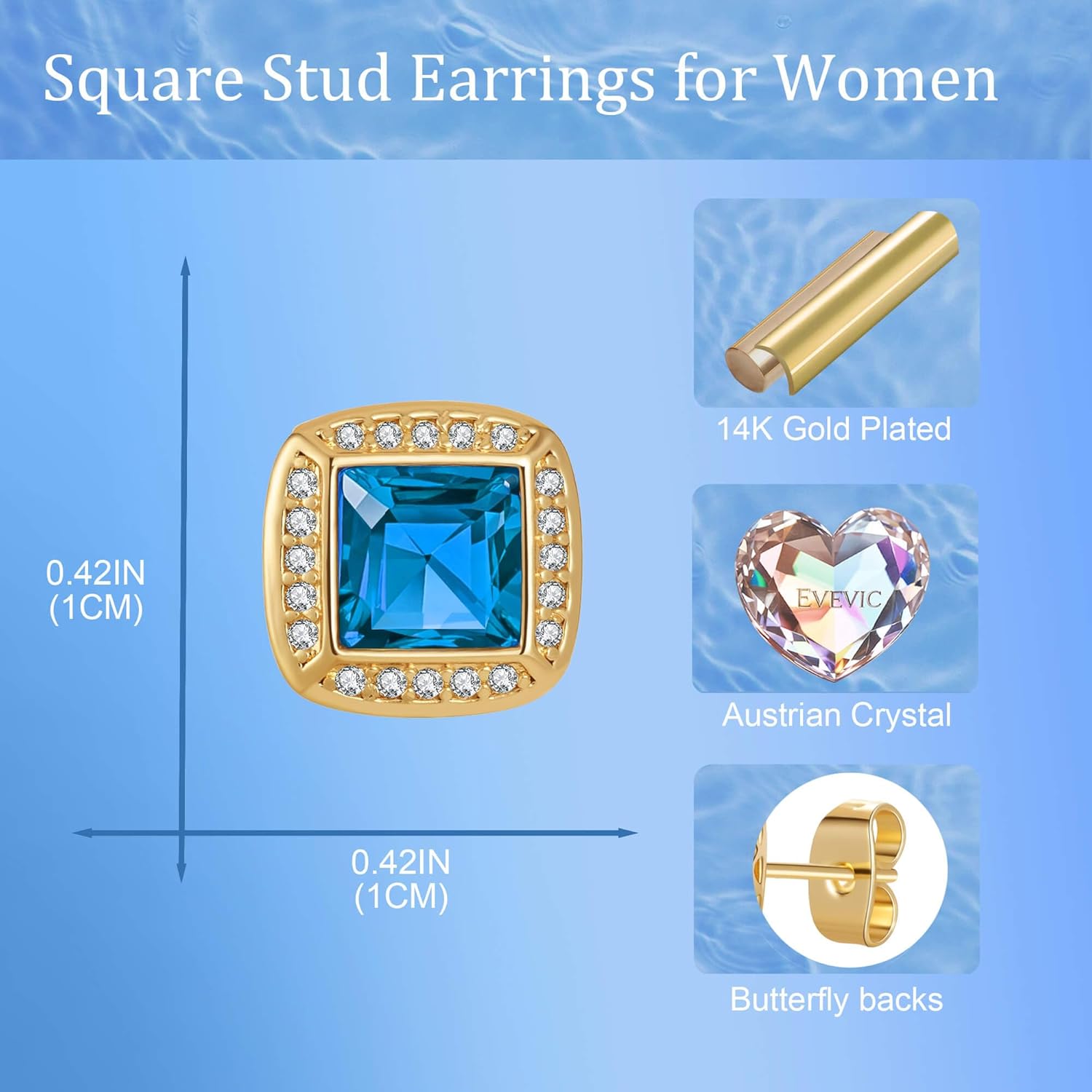 EVEVIC Austrian Crystal Square Stud Earrings for Women 14K Gold Plated Halo Birthstone Earring Jewelry Gifts - Image 6