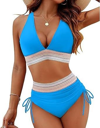 Bestgift Womens High Waist Tankini Split Suit V-Neck Tie-Down Bikini