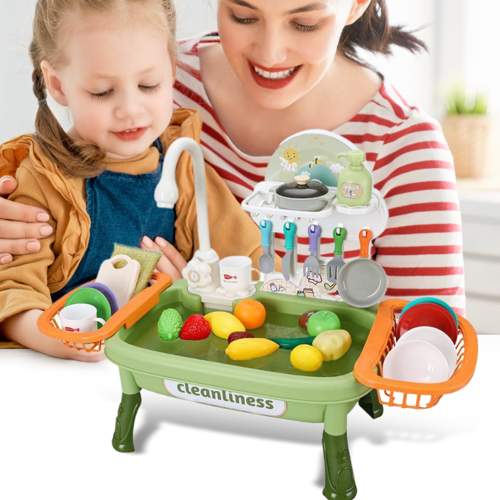 Lavandino da Gioco con Acqua Corrente 1 Set Rubinetto Elettrico Girevole Lavandino per Bambini con cestello di Scarico Spazio educativo interattivo Staccabile Gioco per Bambini di Ruolo -