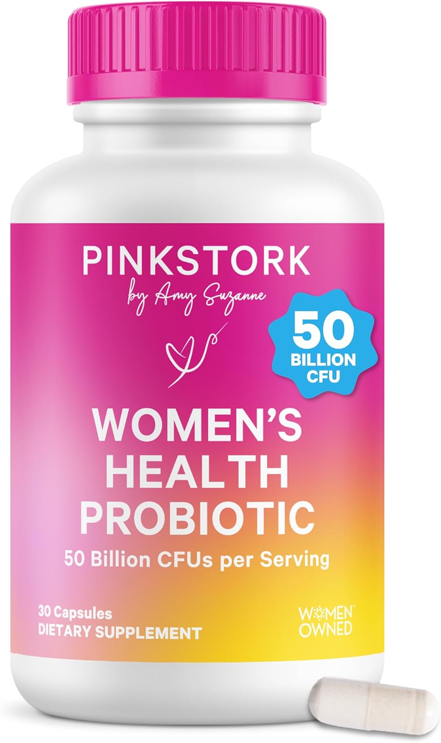 Pink Stork Women’s Health Probiotic, 50 Billion CFU | Clinically Studied Probiotics | Vaginal, Gut, Mood, & Hormone Balance | Yeast & Odor Support | Probiotic and Prebiotic Blend | 30 Vegan Capsules