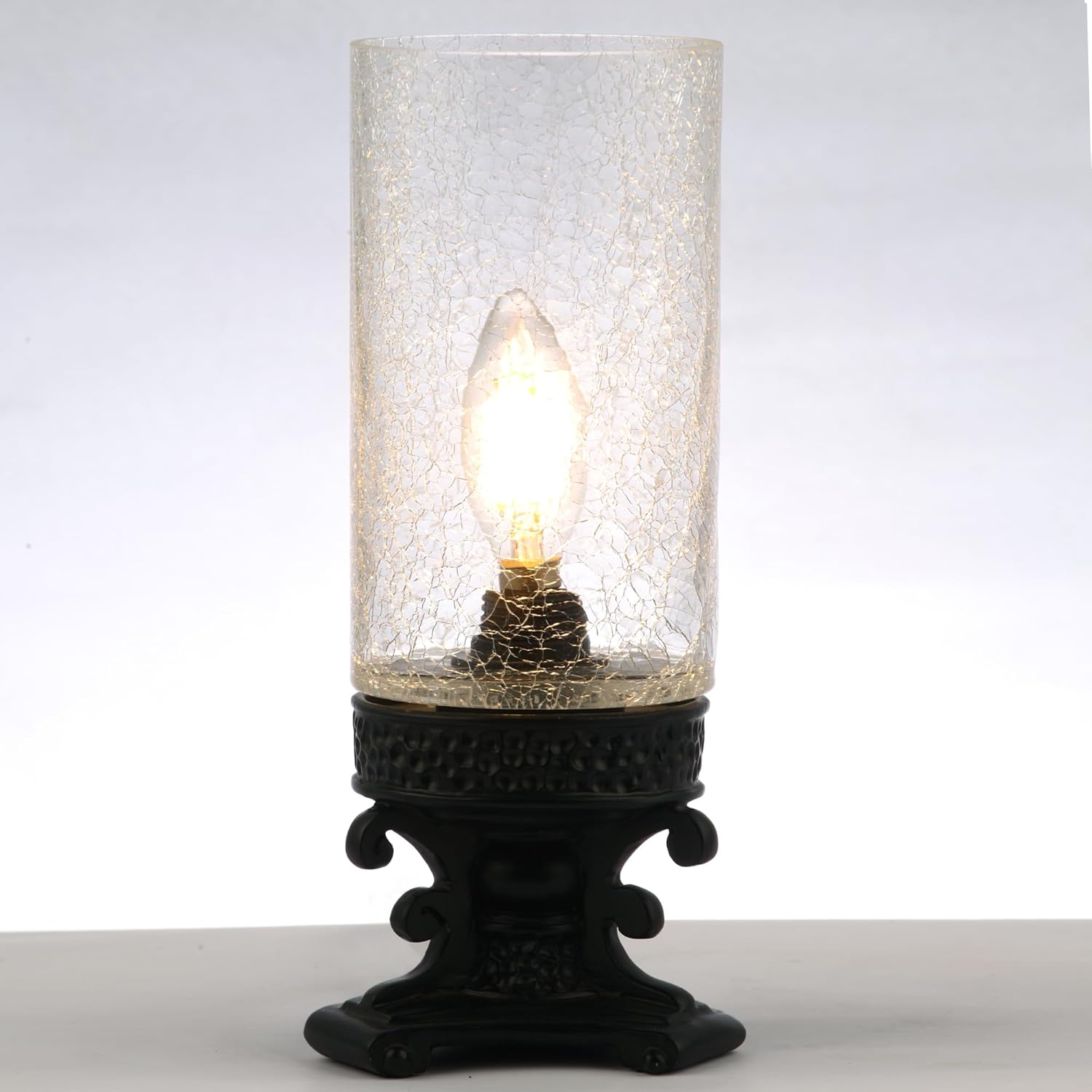 Glass Table lamp with fine Cracks, Small Candle Holder, Desktop Night Light, Bronze-Colored Resin Base, 4 inches x 4 inches x 10.5 inches
