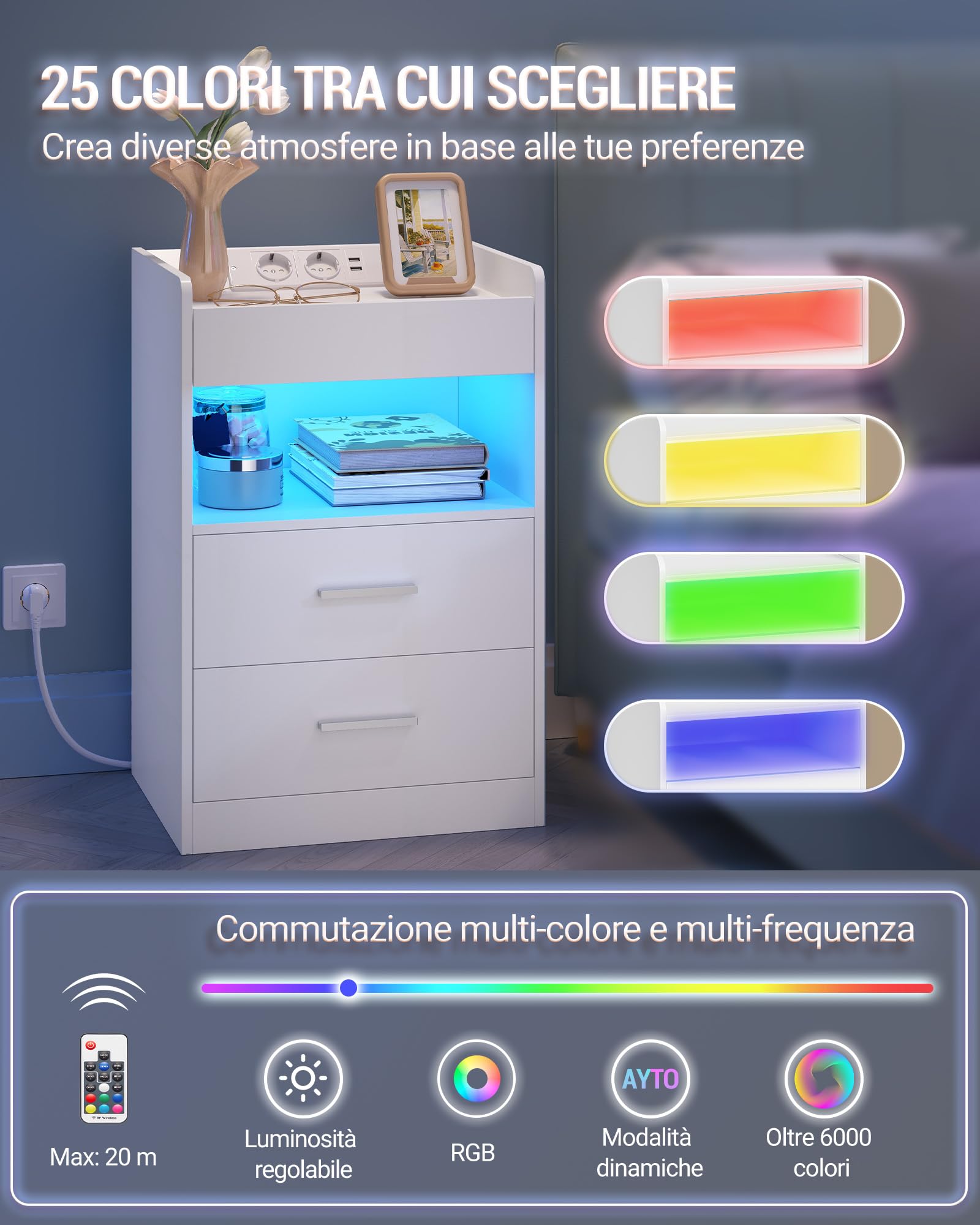Hzuaneri Comodino Set di 2, Comodini Camera da Letto con Luce LED e Stazione di Ricarica, 2 Cassetti, Tavolino con vassoio, 35 x 40 x 60 cm, Soggiorno, Bianco NS33603XEU