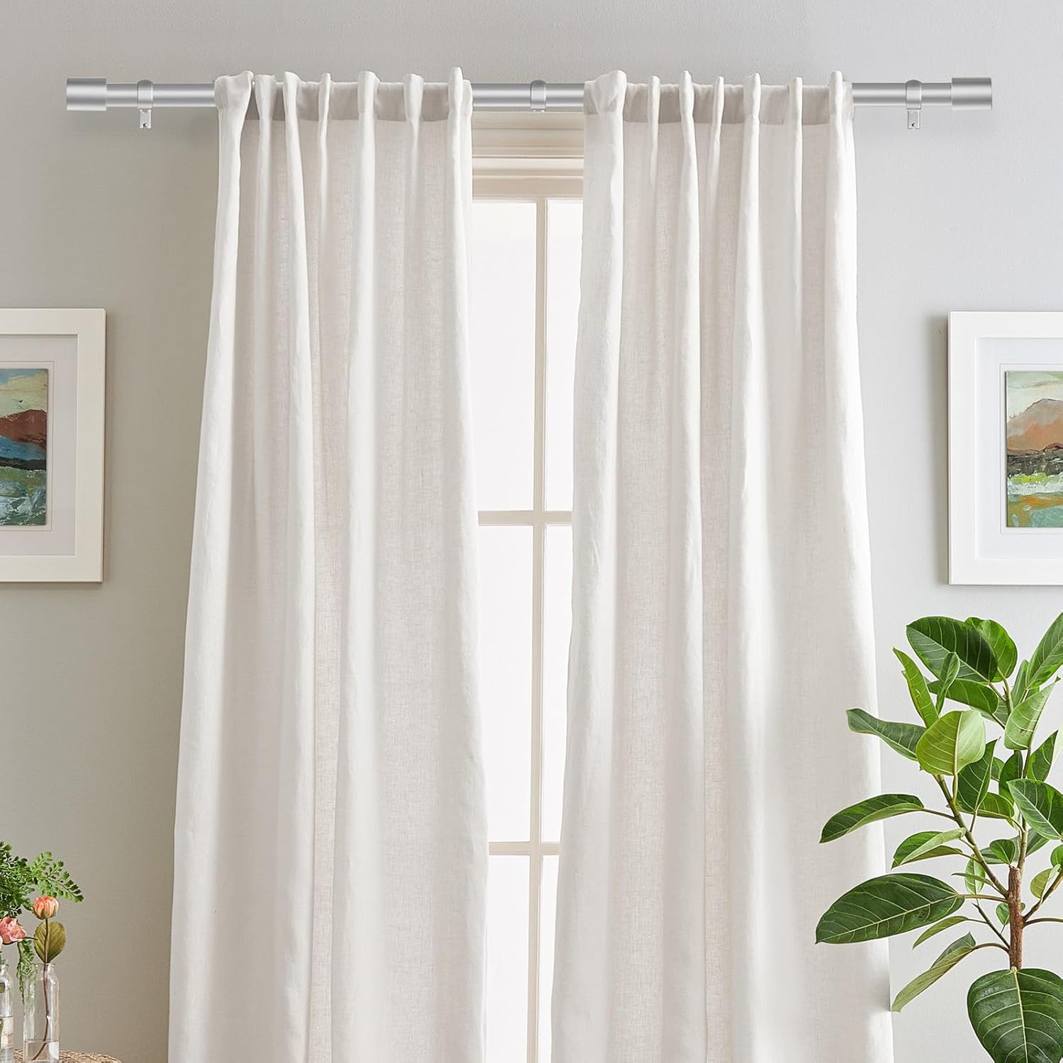 extra long curtain rods for windows 240 inches, 1 inch diameter adjustable silver curtain rod, heavy duty modern curtain rod with simple finials, 32"-240"