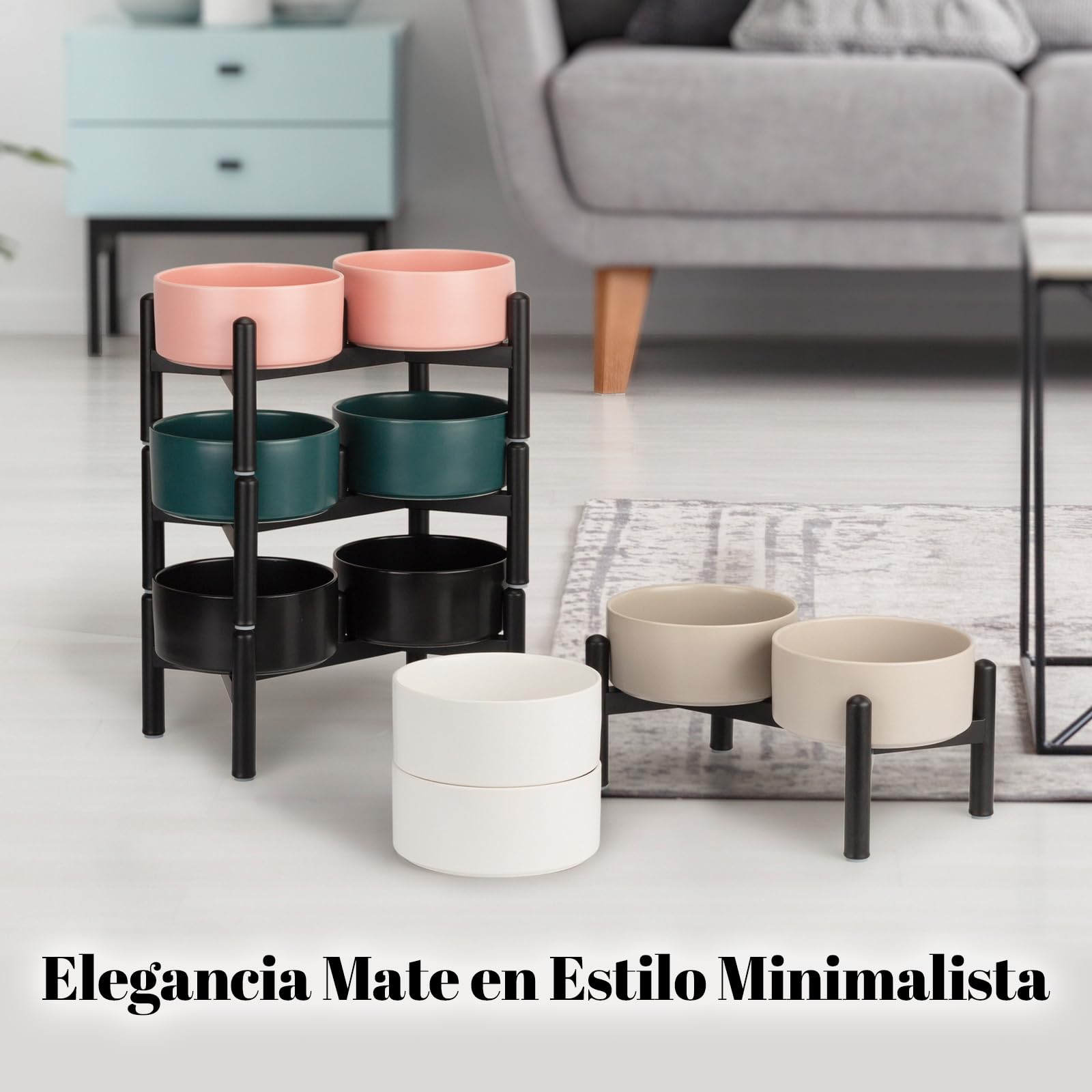 Comedero Perro Elevado de Cerámica - Cuenco Doble con Soporte de Acero Inoxidable - Platos para Perros Pequeños y Medianos - 660 ml x 2 - Negro