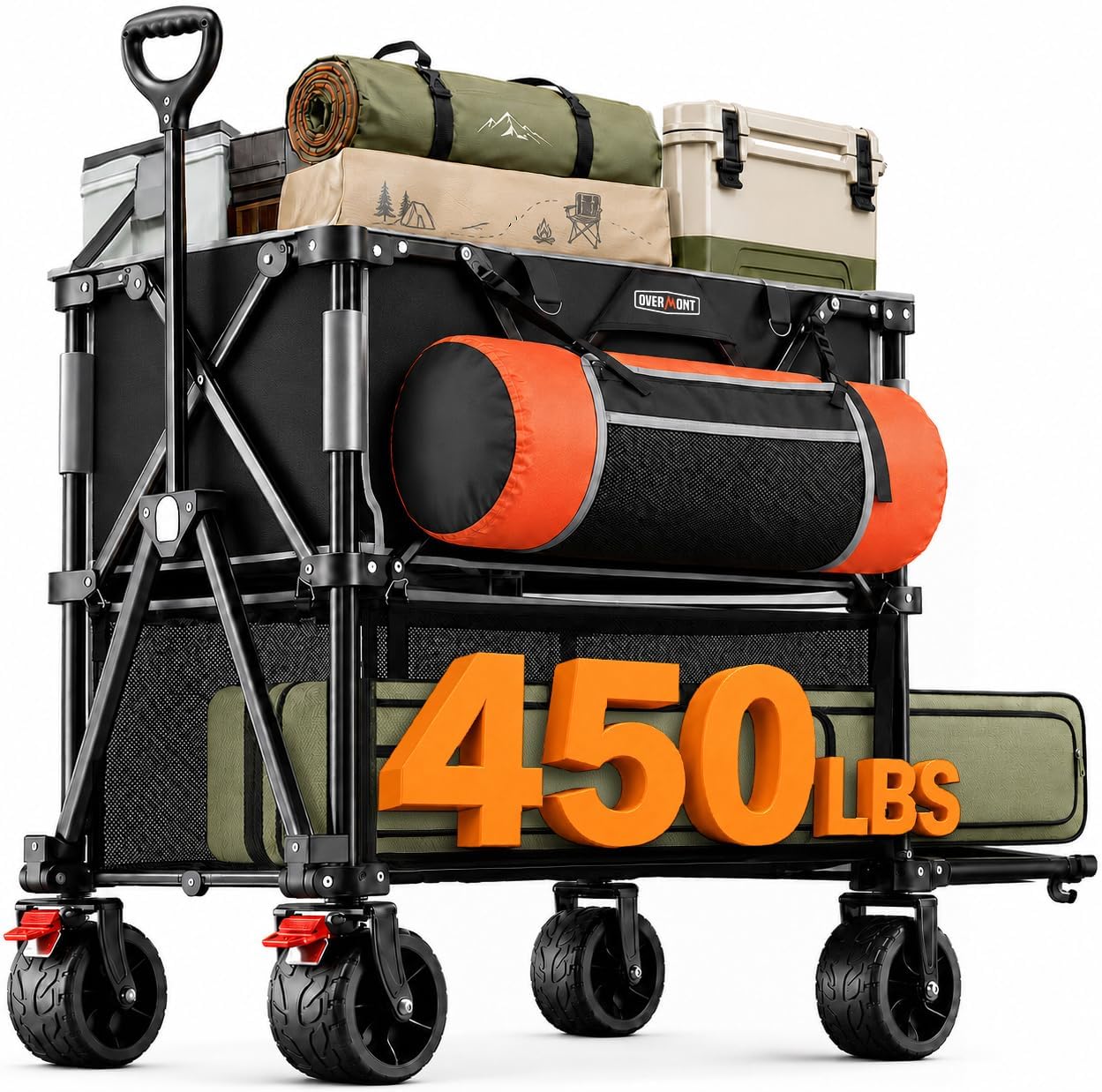 400L Double Decker Wagon Cart, Heavy Duty 450lbs Folding Utility Wagon with 47" Extended Shelf, All-Terrain Collapsible Wagon for Camping, Sports Events, Tailgating & One-Trip Hauling