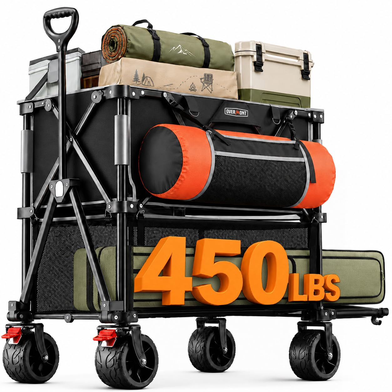 Overmont Doppeldecker Bollerwagen Faltbar 400I - Klappbar mit Geländegängige Breite Räder - 132cm extra Lange Verlängerung - bis 200kg Tragkraft - für Camping Sport Einkaufen Garten Strand Schwarz