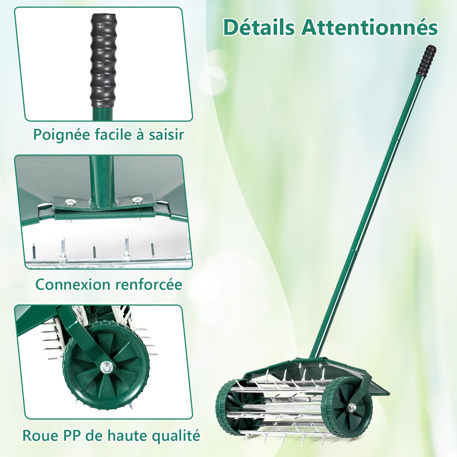 GOPLUS Aérateur de Pelouse à roulettes de 46CM, Rouleau à Pointes Rotatives avec Large Protection, Aération Intensive du Sol pour Jardin, Cour, Patio, Assemblage Rapide, Vert Foncé