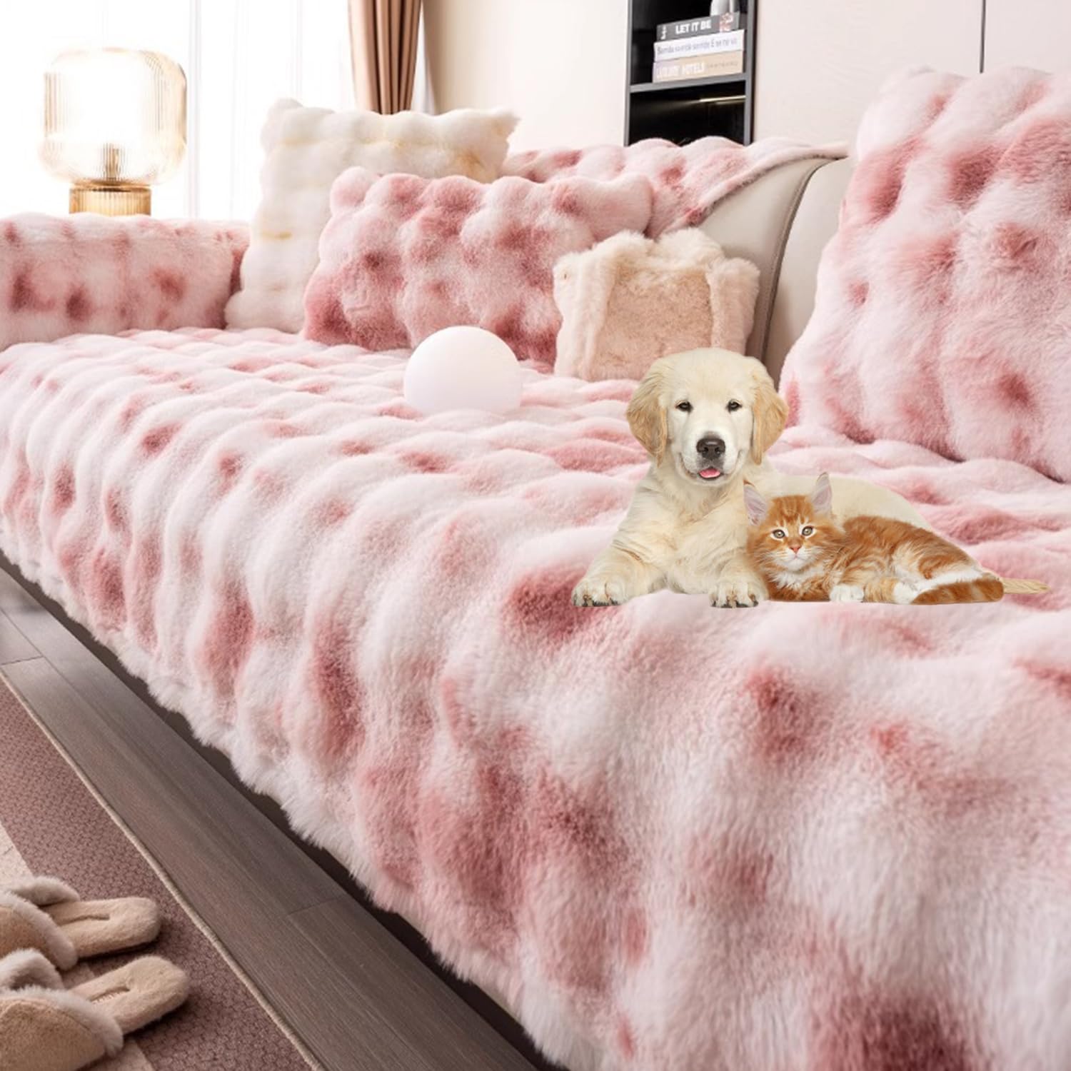 Housse de canapé en forme L peluche rose 110x240cm antidérapante