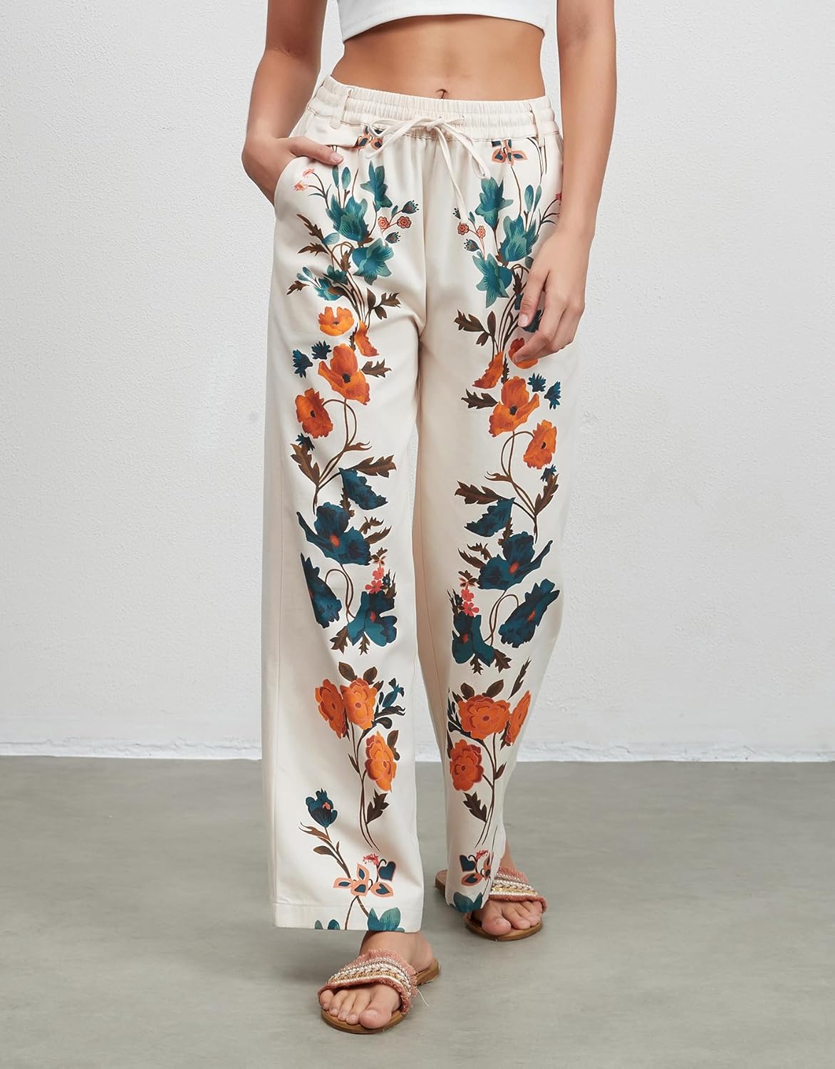 Kedera Women's Drawstring High Waist Floral Prints Trousers Straight Leg Pants Boho Summer Casual Wide Leg Pants - Image 3