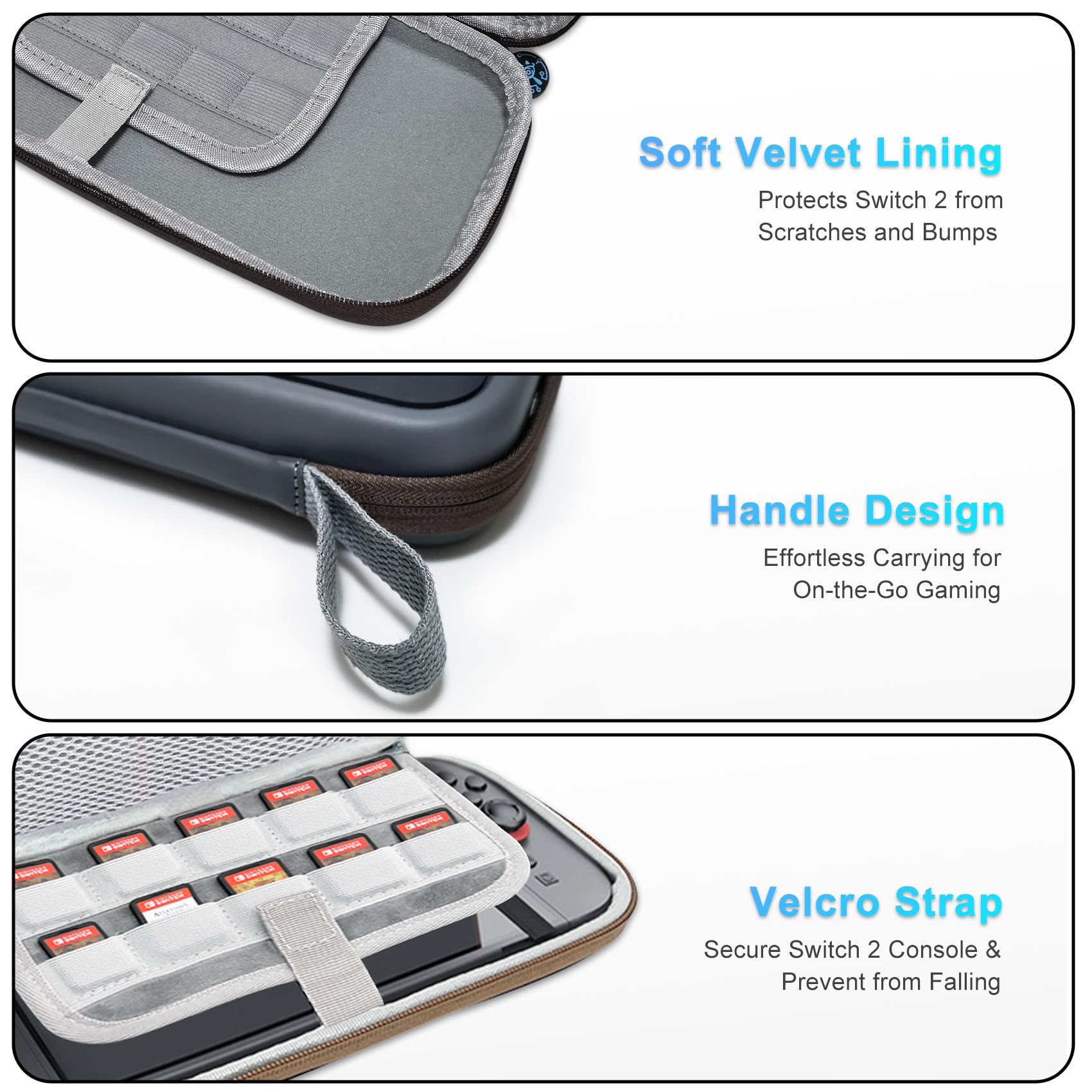 CHIKIXSON Étui Switch 2, Protection Sacoche pour Switch 2 (2025), Poches Zippées en Filet, Rangement 10 Cartes de Jeu e Accessoire, Gris