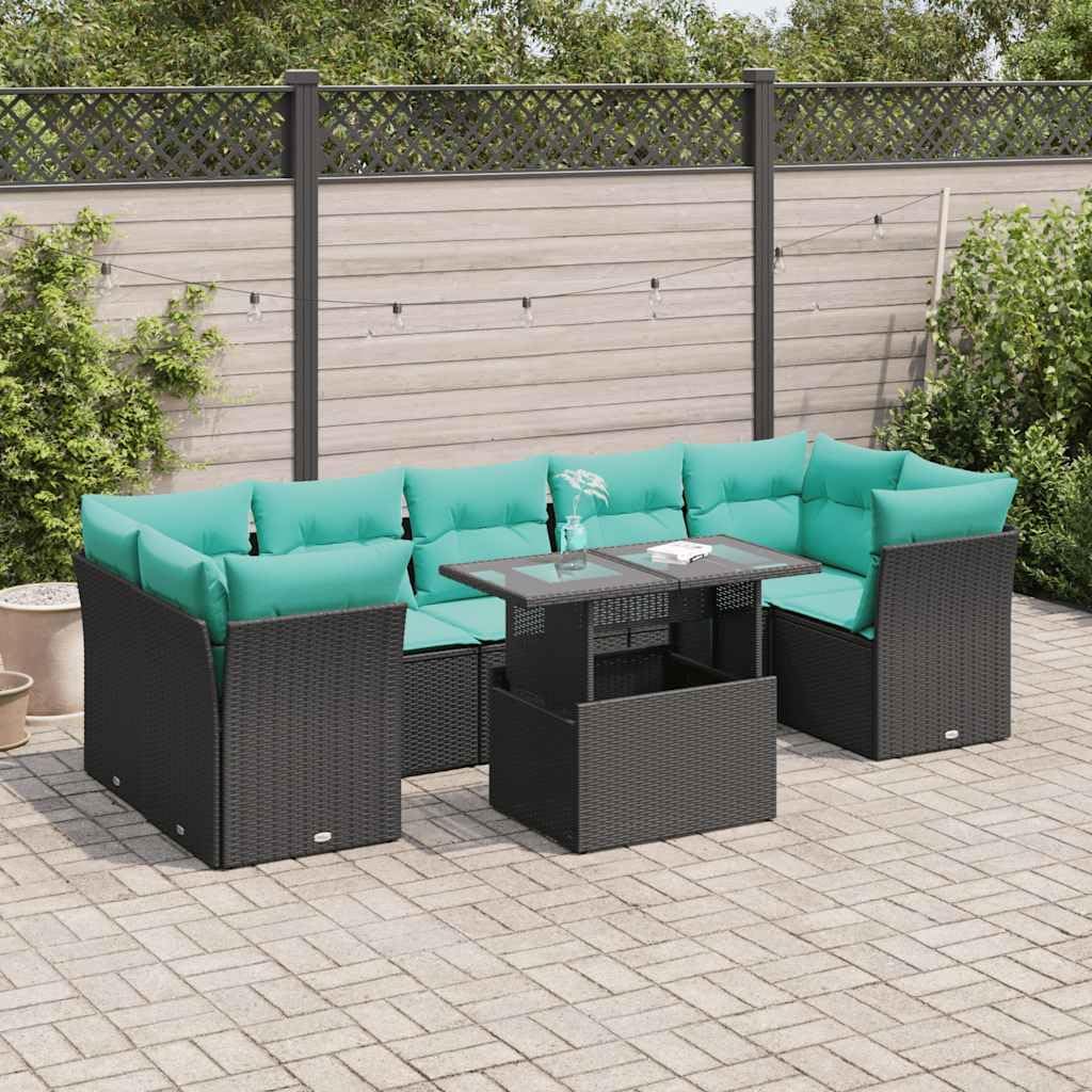 8 Piece Patio Sofa Set with Cushions Black Poly Rattan Acacia Outdoor Seating Set Garden Seating Ensemble for Backyard Pond