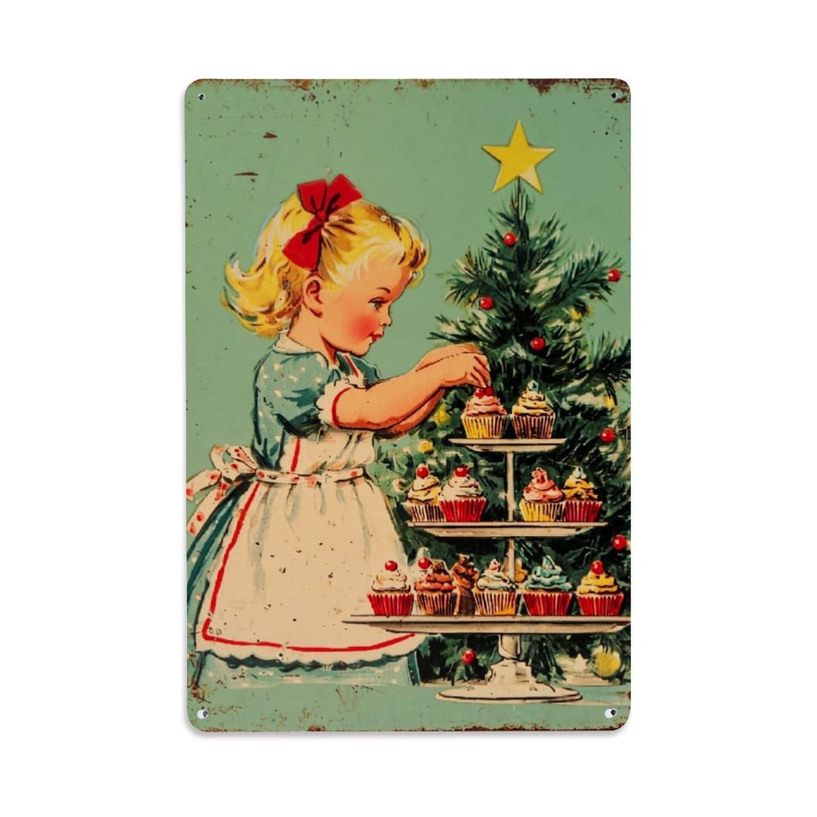 Christmas Girl Cupcakes Tree Star Retro Metal Tin Sign, Vintage Decor Art Poster for Bar, Home, Man Cave, Kitchen, Laundry Room Gift 8x12Inch