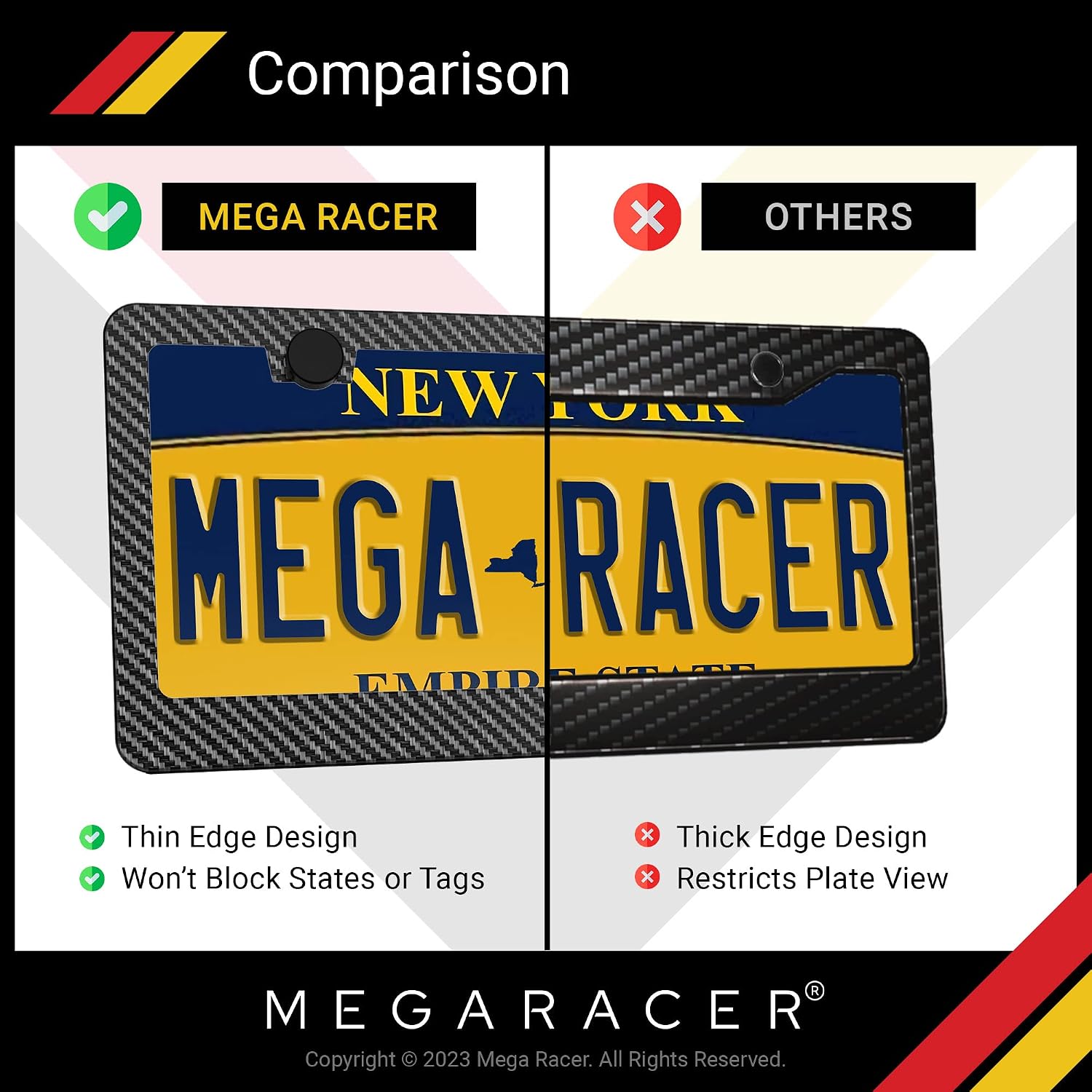 Mega Racer Front OR Rear License Plate Frames Carbon Fiber Printed - 2 Hole Black Aluminum Metal with Stainless Steel Plate Screws and Black Plastic Caps - Printed Carbon Pattern (1 Piece)