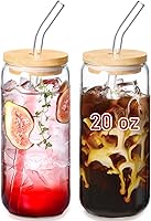 VITEVER 20oz Beer-Shaped Glass Cups with Bamboo Lids & Glass Straws - Iced Coffee Tumblers, Aesthetic Drinkware Set of 2