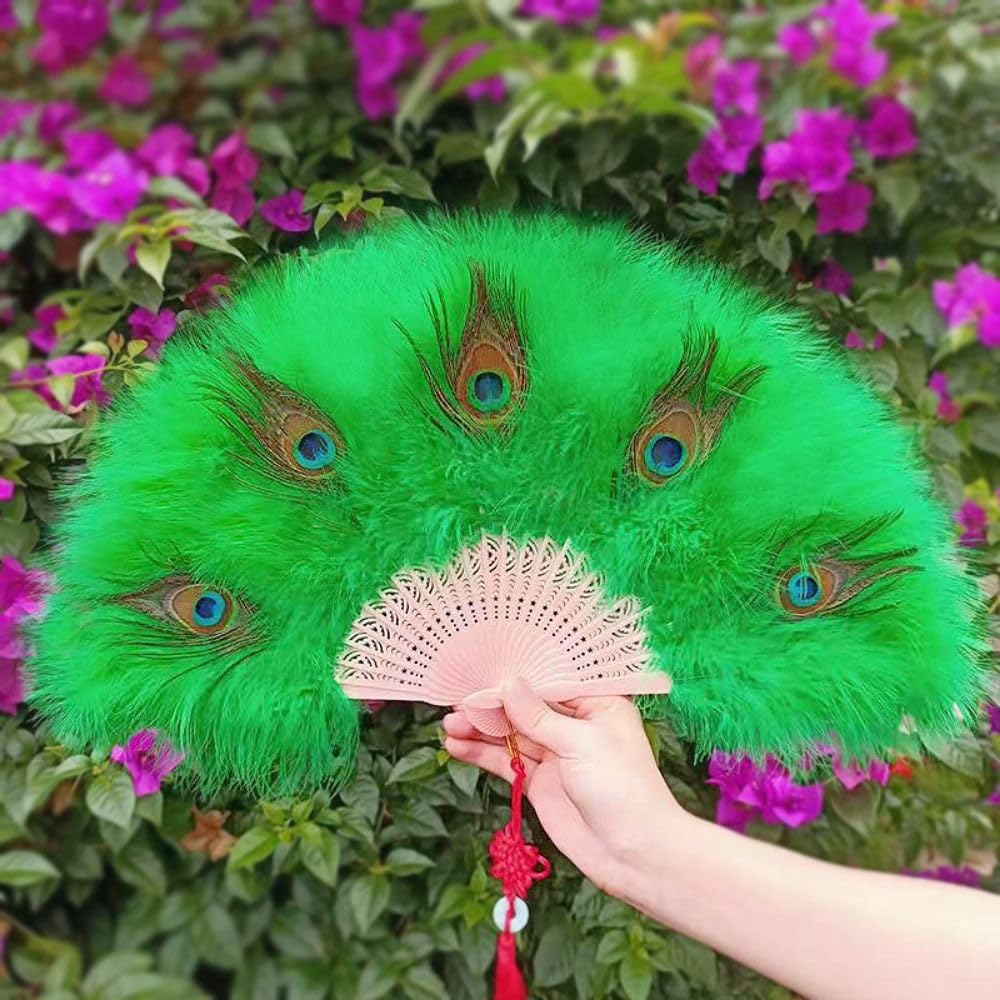 Abanico de plumas de pavo real plegable hecho a mano, decoración de boda, fiesta, baile, cosplay, ventilador portátil (azul)