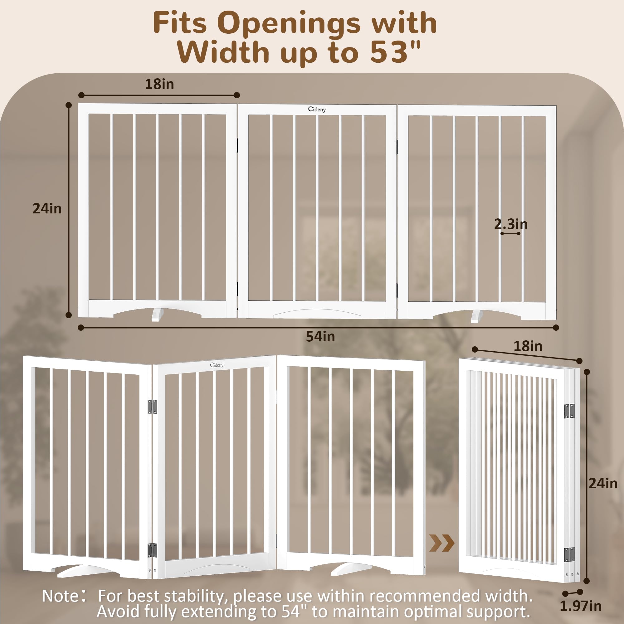 Cideny Free Standing Dog Gate Indoor, Foldable Dog Gate for Doorways Stairs Hallways, 3-Panel Freestanding Pet Gate with Support Feet for Stability, Folding Puppy Gate Easy to Move, Doggy Gate 54"x24" — view 7