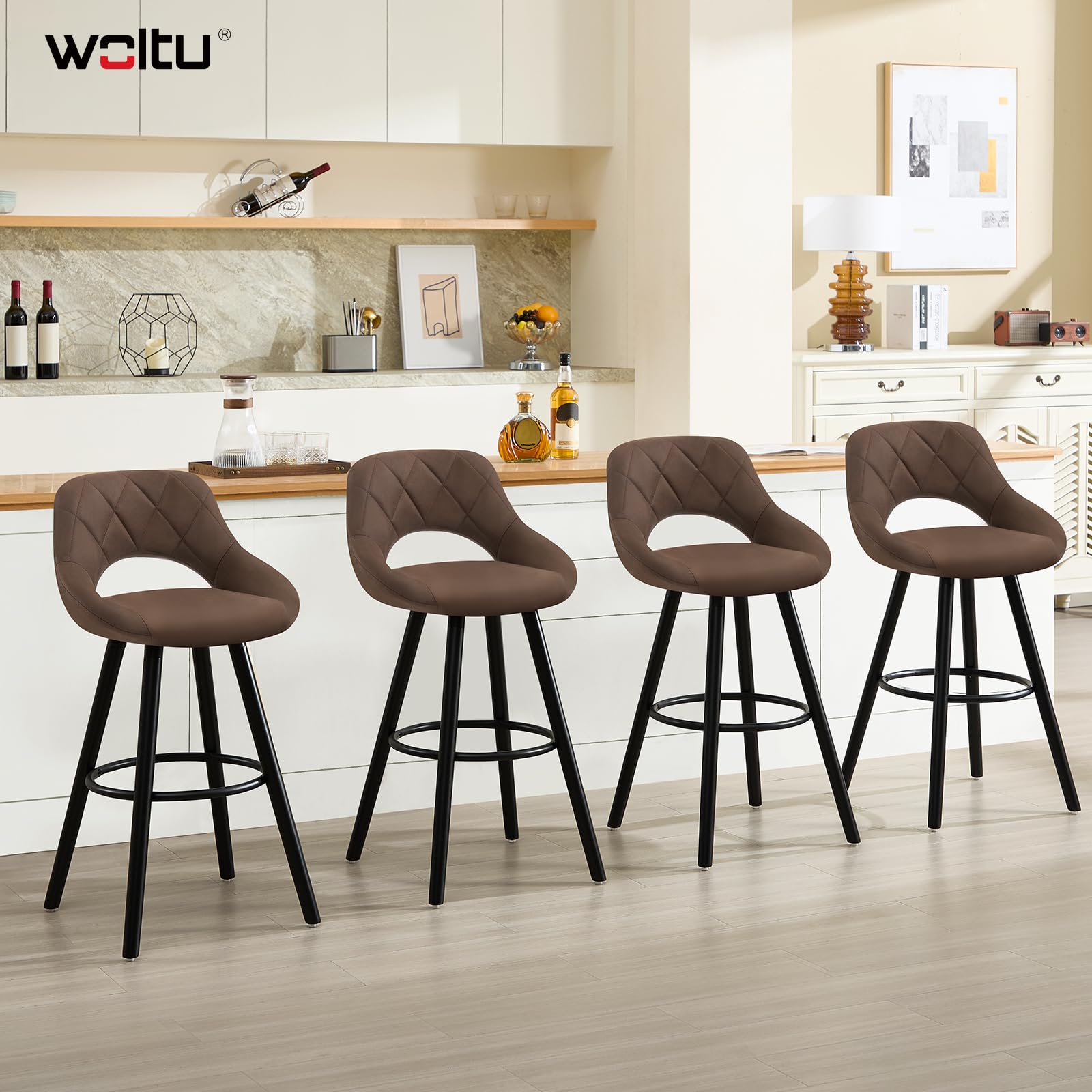 WOLTU Sgabelli da Cucina Set di 2, Sgabello da Bar per Colazione, Sgabelli Alti con Poggiapiedi e Schienale, Sedile in Tessuto Tecnico+Gambe in Legno, Marrone Scuro, BH291dbr-2
