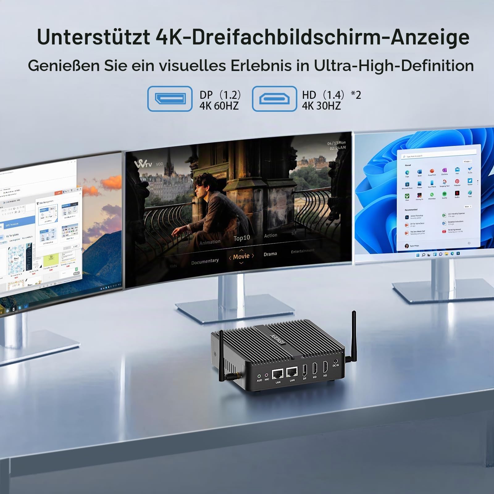 Mini PC Lüfterlos 12th Gen J6412 Industrie pc Dual Lan WIN11 Pro/Linux | Lüfterloser mini-Computer 8GB DDR4 256GB SSD, 2x HD + DP 3 Display/2x RS232 COM/WiFi/BT 4.2