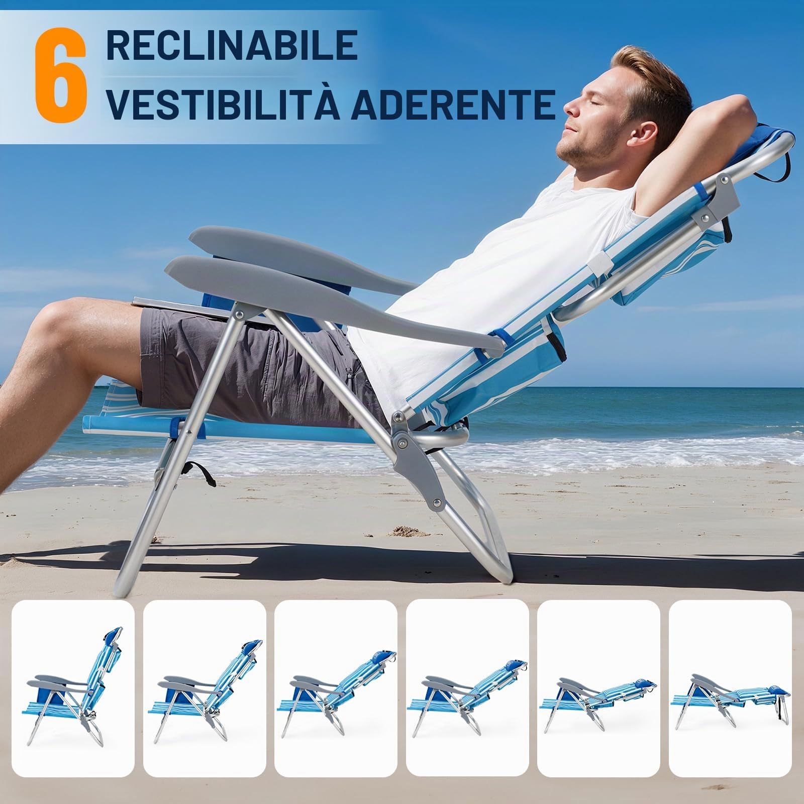 OVERMONT Sedia da Spiaggia Pieghevole Reclinabile - 6 Posizioni Reclinabili Piatte con Braccioli Ergonomici - Seduta Larga con Supporto Lombare - Portata 150 KG - Portatile per Spiaggia Piscina